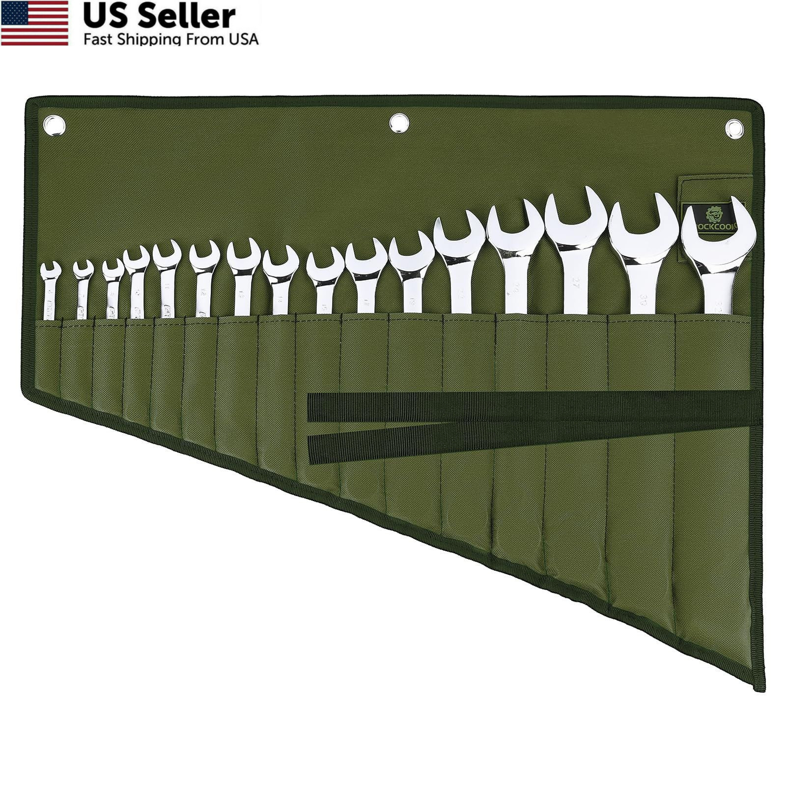 ROCKCOON Wrench Roll Organizer 16 Pockets, Small to Medium, Green