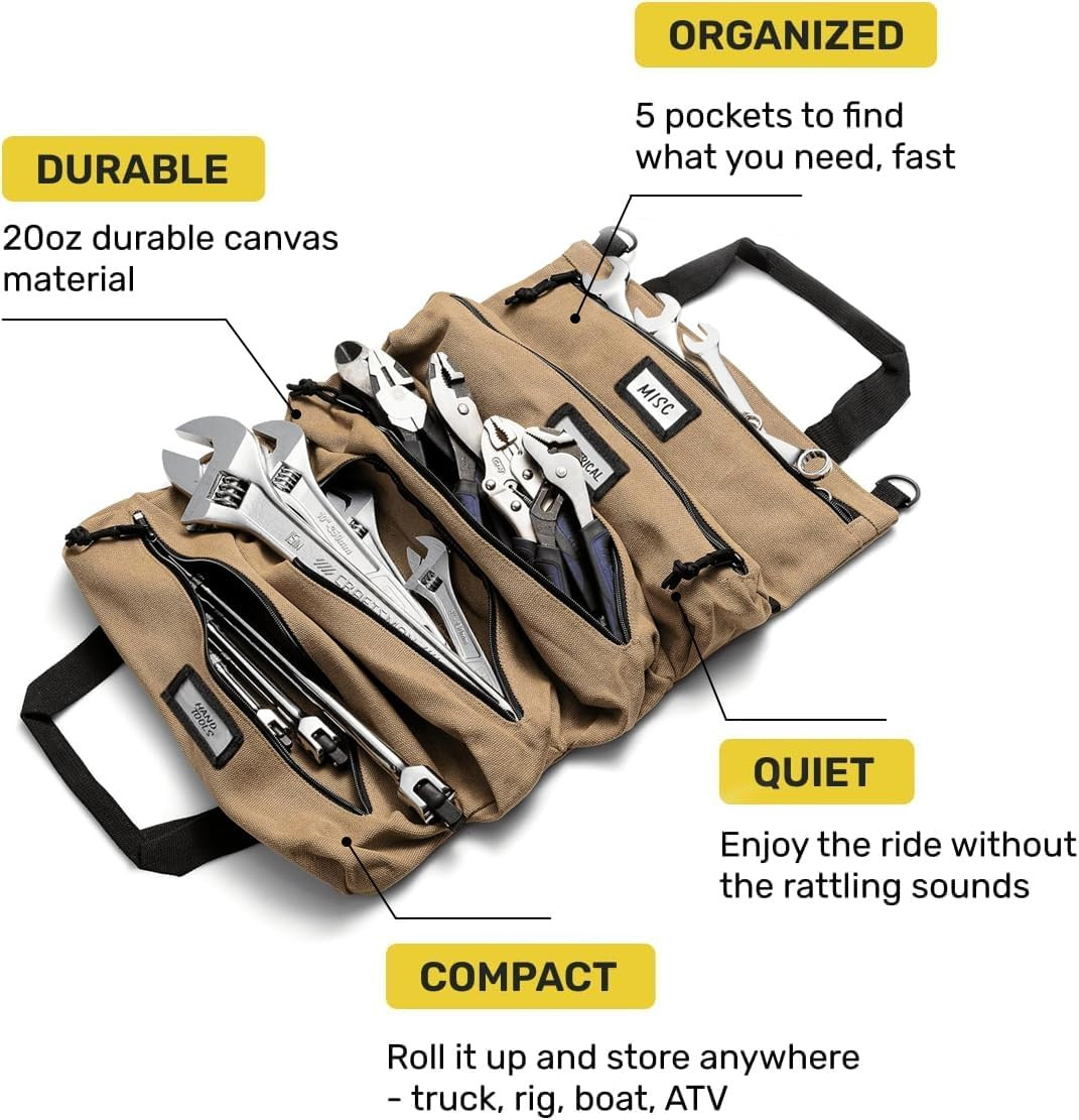 Official Voyager Tool Roll Bag – Easy to Carry 5-Pocket Roll up Tool Bag – Durab