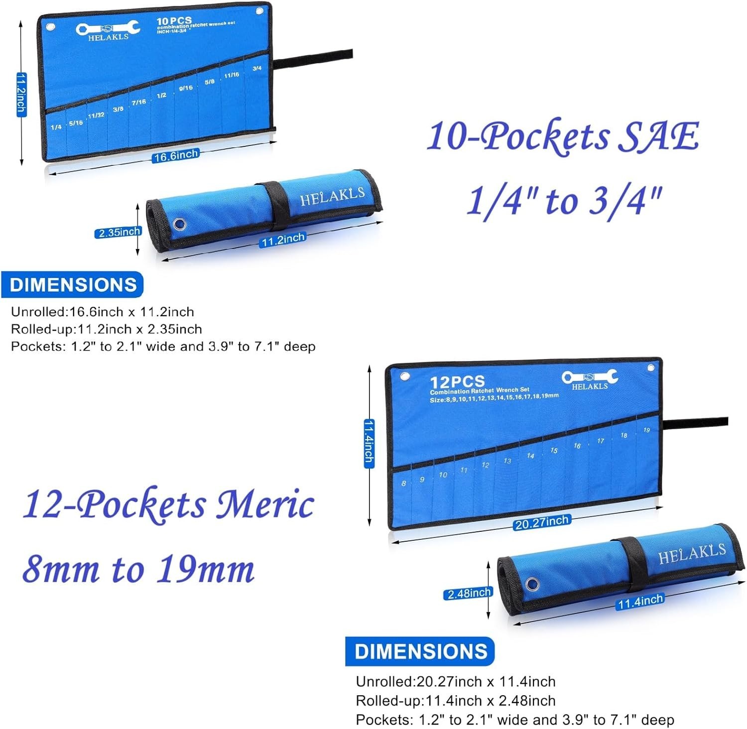 2 Pieces10 Pockets SAE+ 12 Pockets Metric Wrench Tool Roll Up Pouch Utility H…