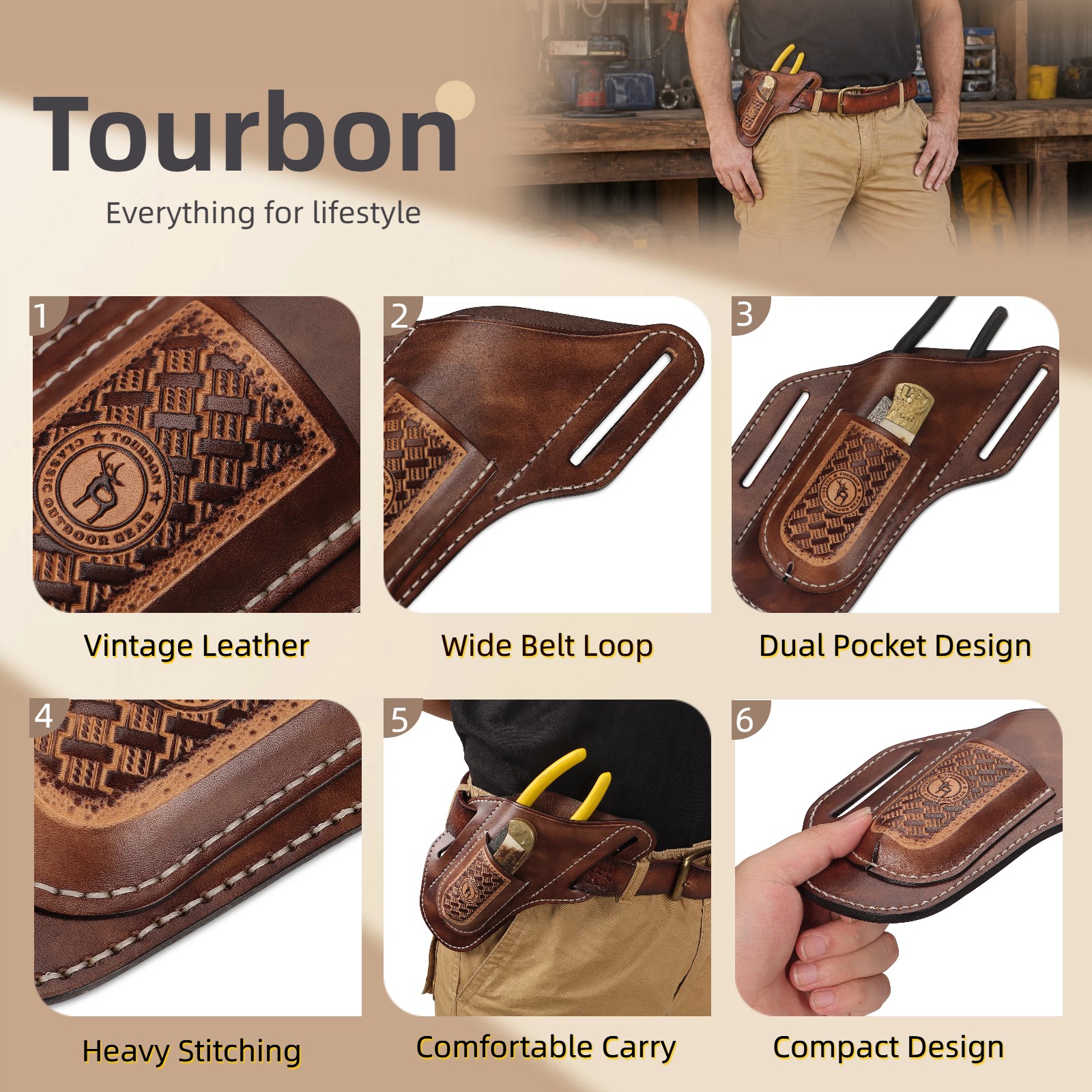TOURBON 2-in-1 Leather Tool Pouch Angled Cross Draw Folding Knife Pliers Holster