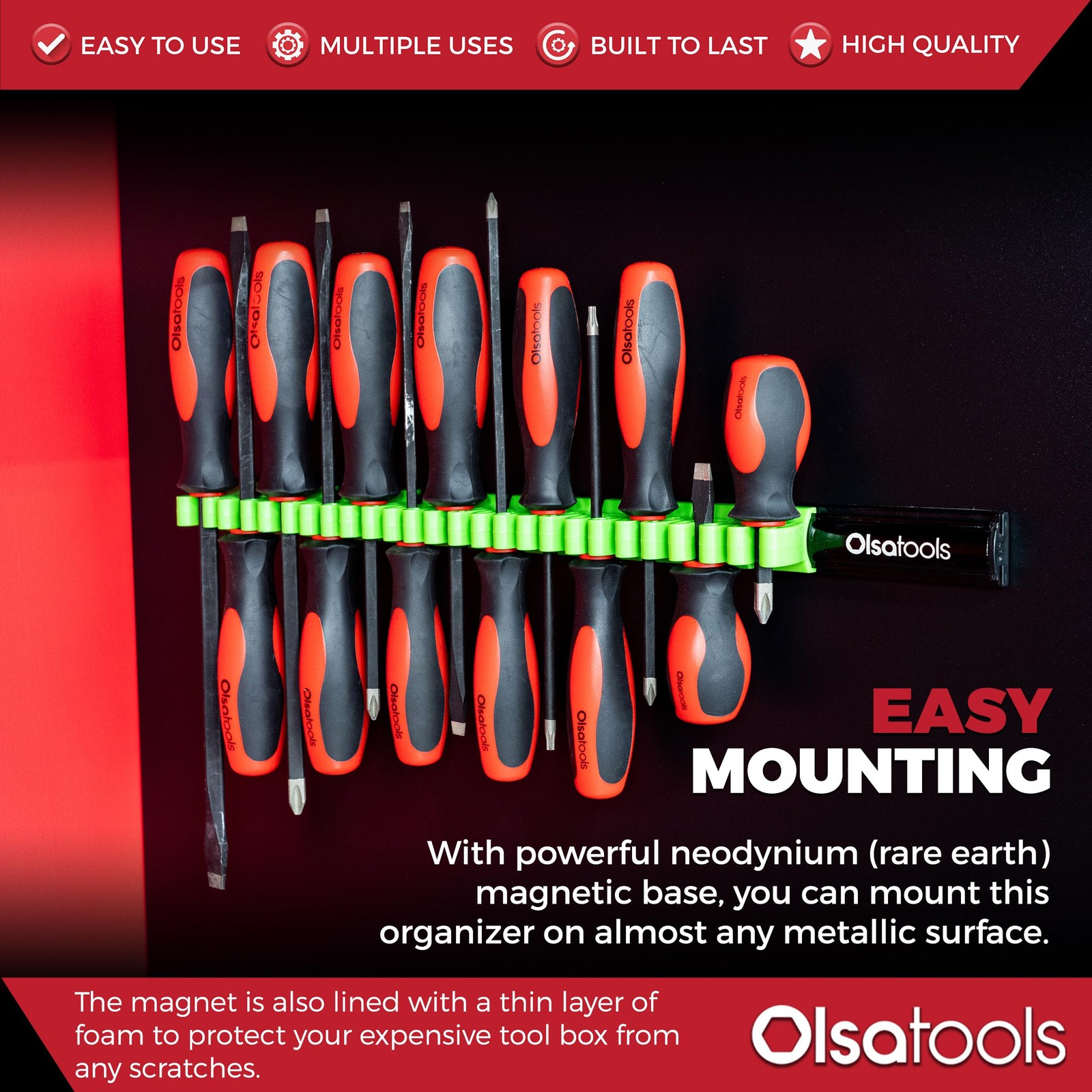 Olsa Tools Magnetic Screwdriver Organizer 1pc, BLACK ORGANIZER / GREEN CLIPS