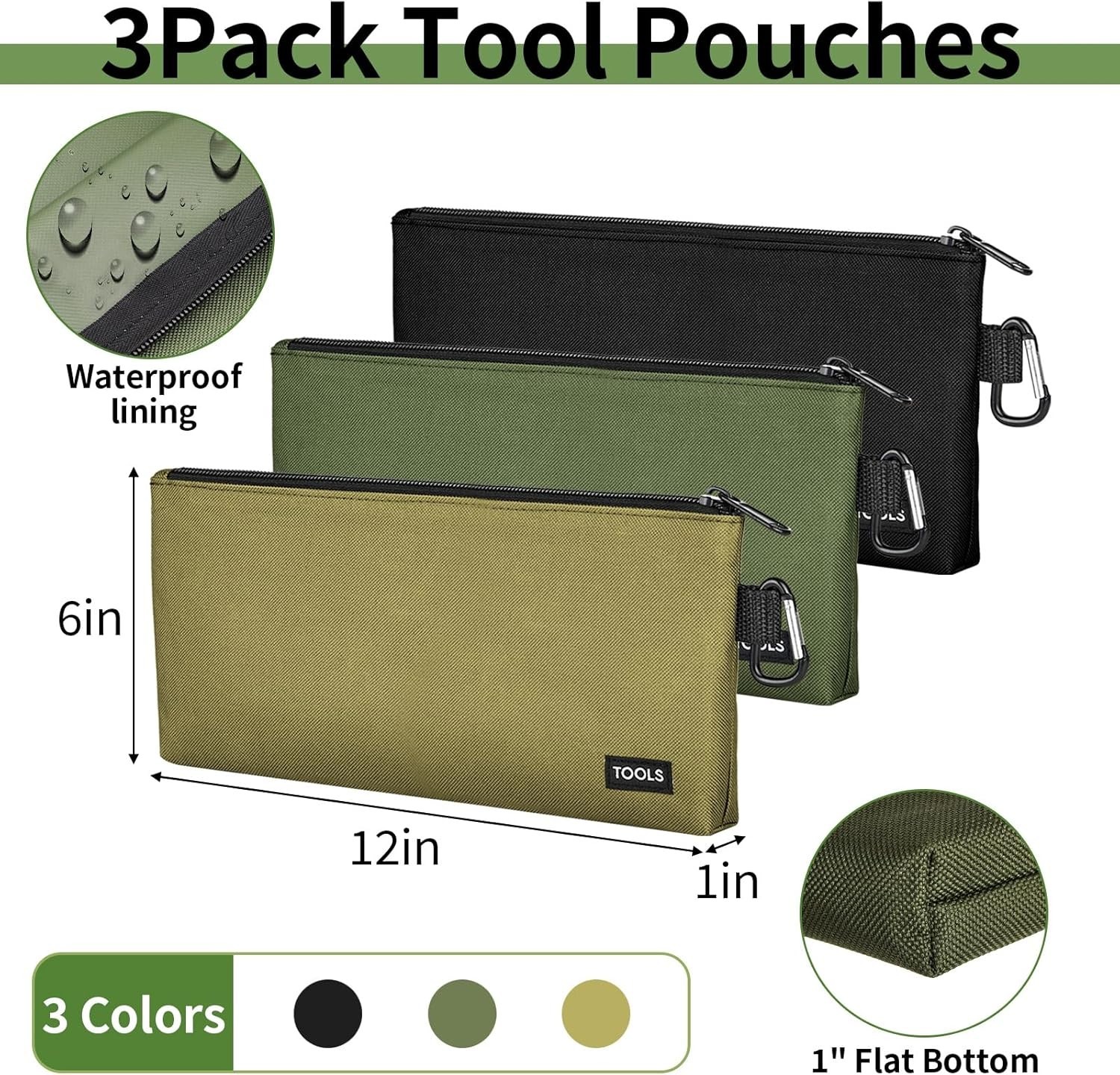 3 Pack Polyester Tool Pouches with Carabiner Flat Bottom Multiuse Organizer