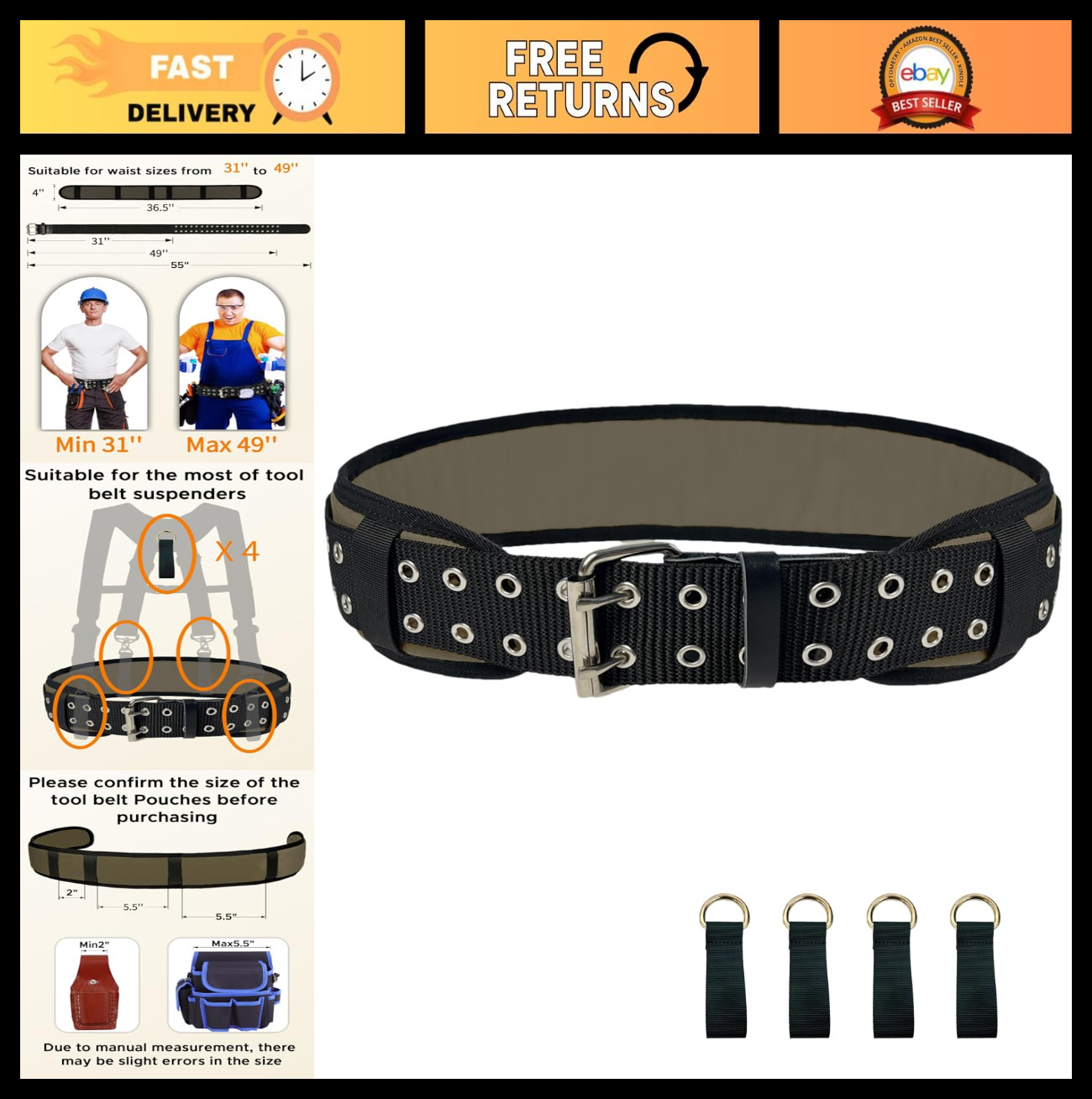 Heavy-Duty Adjustable Padded Work Belt with D Rings, Fits 31-49″ Waist, Tool Pou
