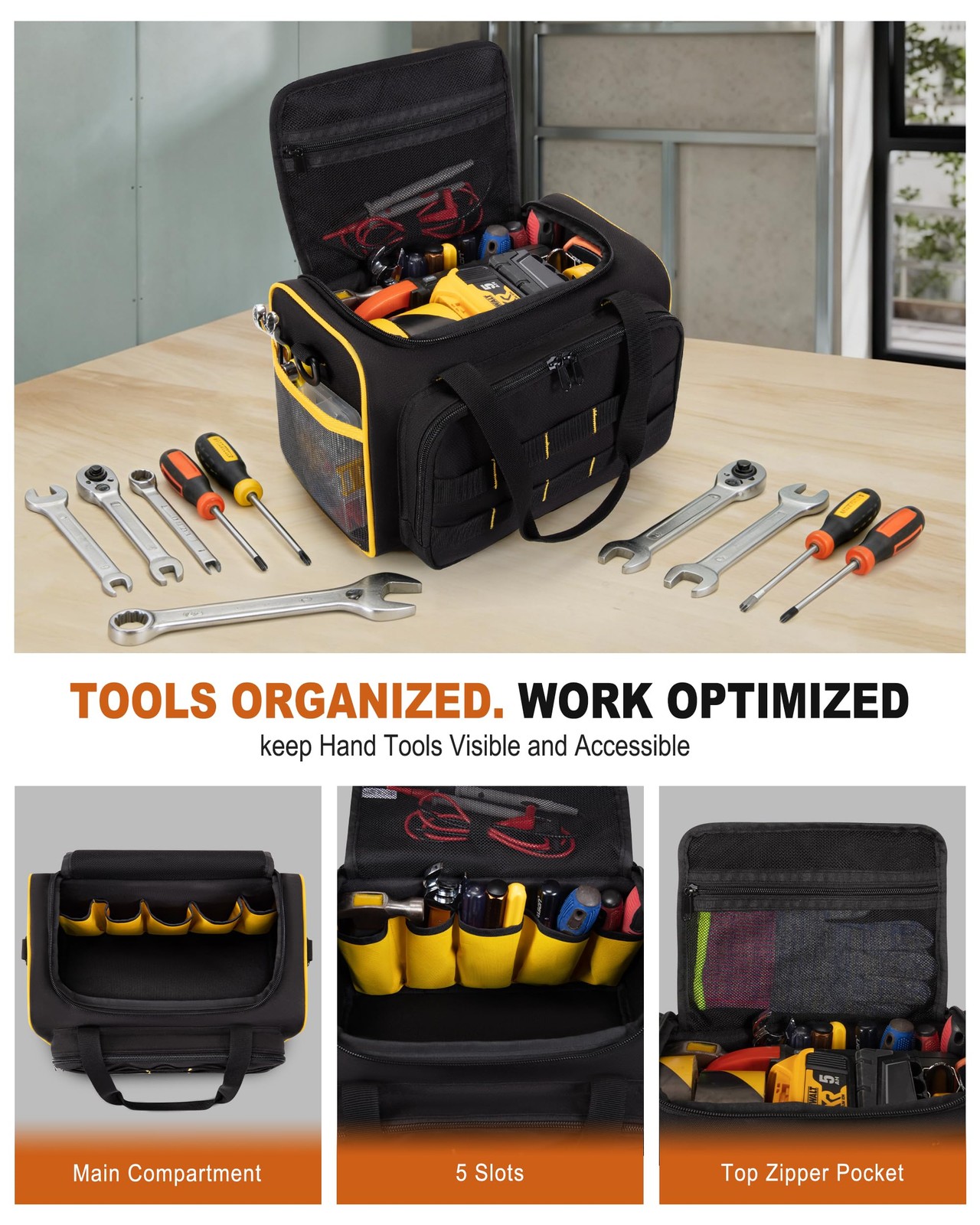 12-Inch Tool Bag with Multiple Pockets, Heavy Duty Tool Tote for Men, Black