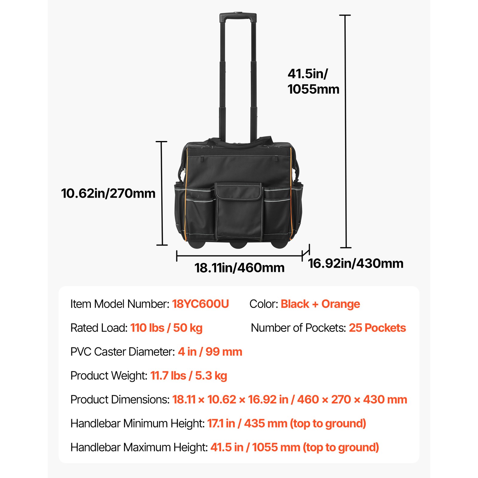 Rolling Tool Bag 25 Pockets Heavy Duty Roller Tool Bag Telescoping Handle