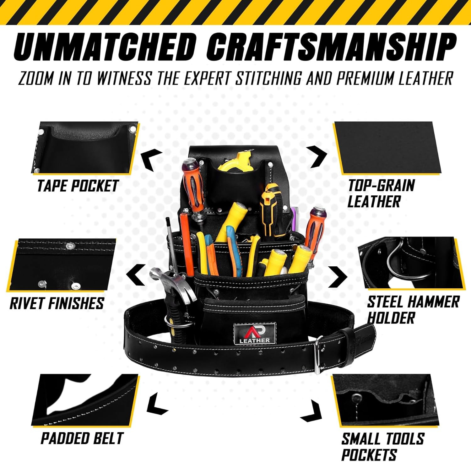 Durable Leather Tool Pouch with 3 Large Pockets & 12 Organizers