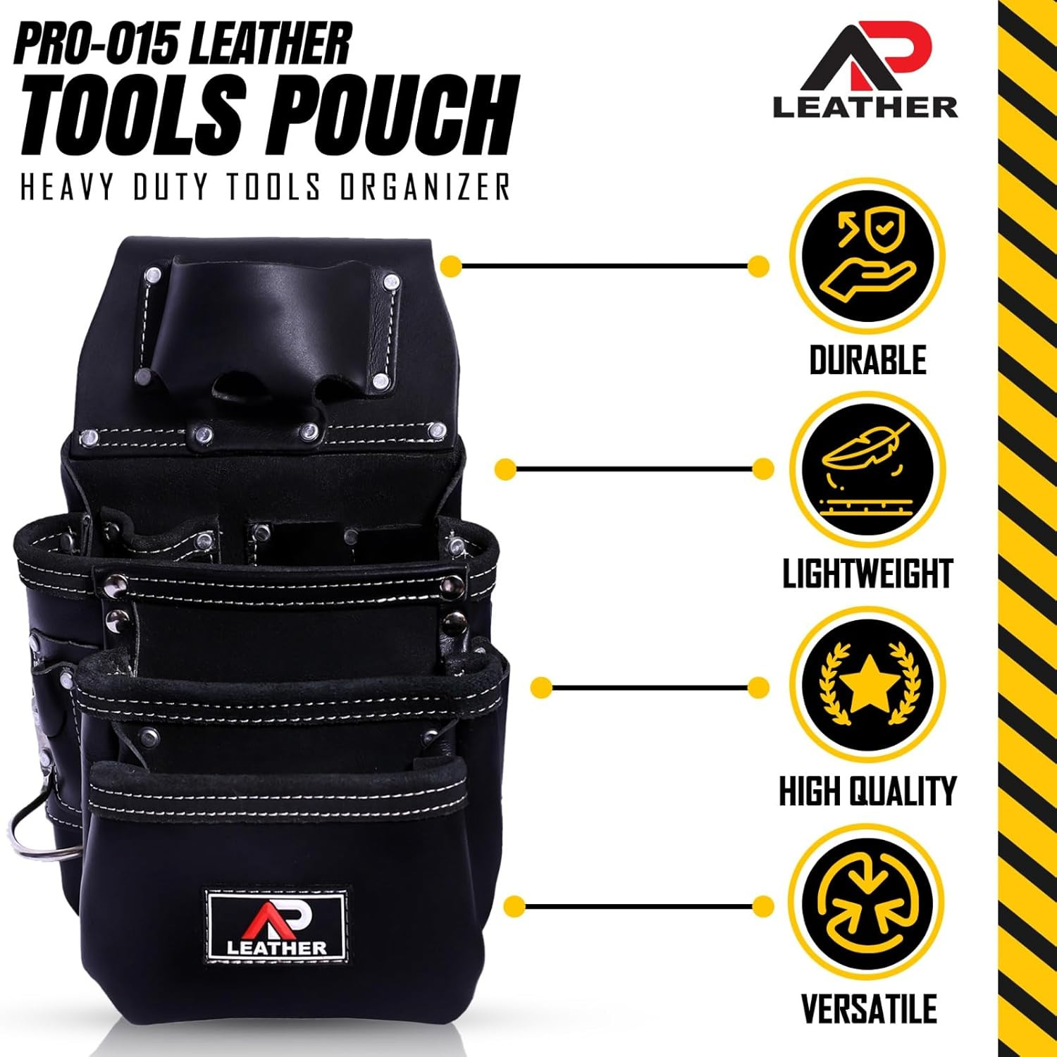 Durable Leather Tool Pouch with 3 Large Pockets & 12 Organizers