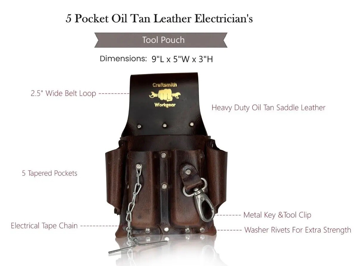Electrician Tool Pouch Durable Leather Tool Pouch 5 Pockets Tape Holder Key Hold