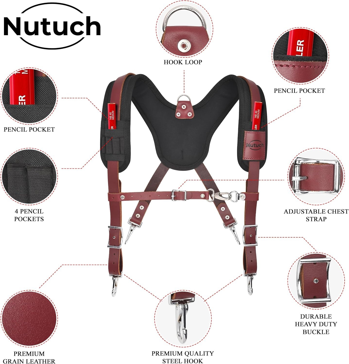 Leather Work Suspenders With Pockets Adjustable Padded
