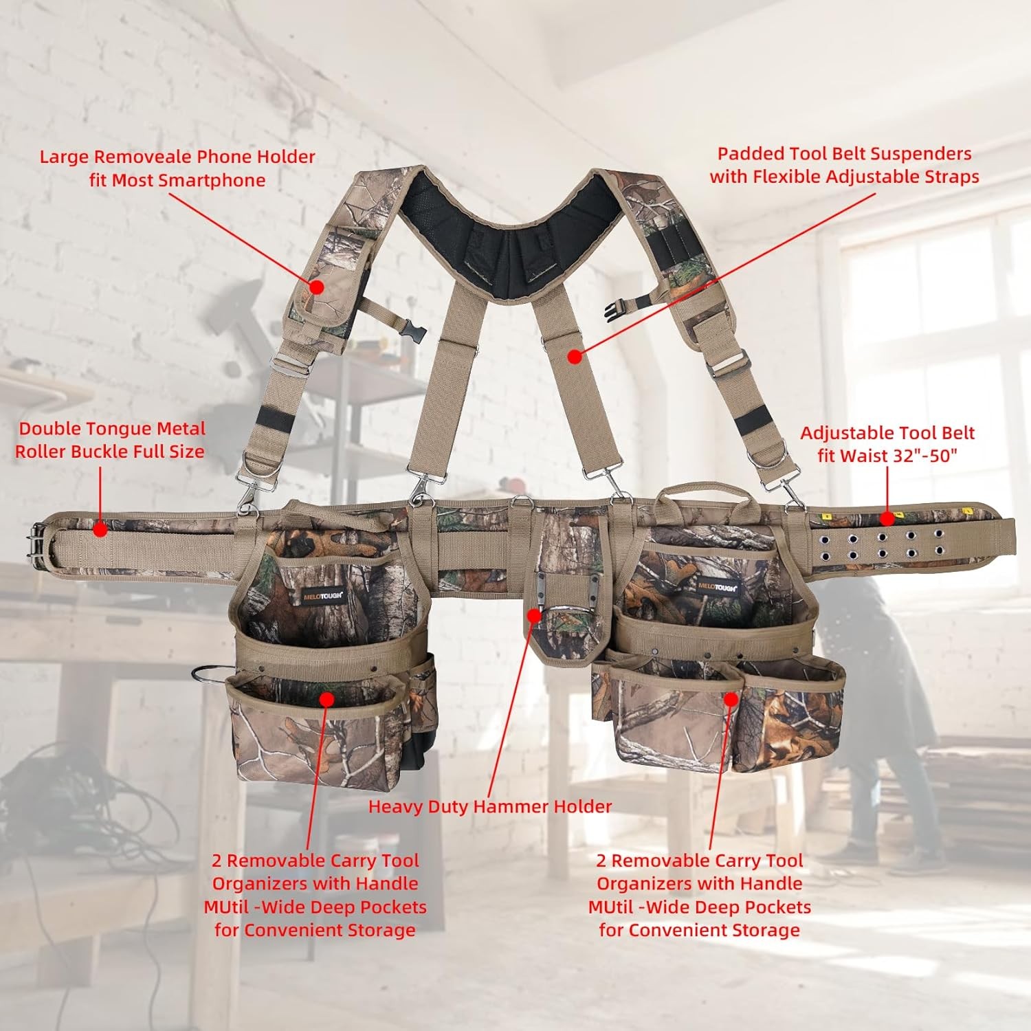 Camo Tool Belt with Suspenders, Heavy Duty Carpenter Tool Pouch