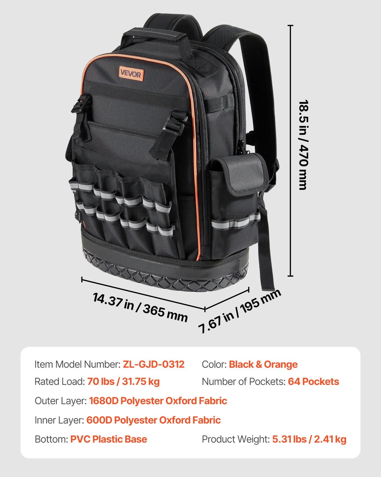 Jobsite Tool Backpack 64 Pockets Heavy Duty Tear-Resistant for Electrician Work