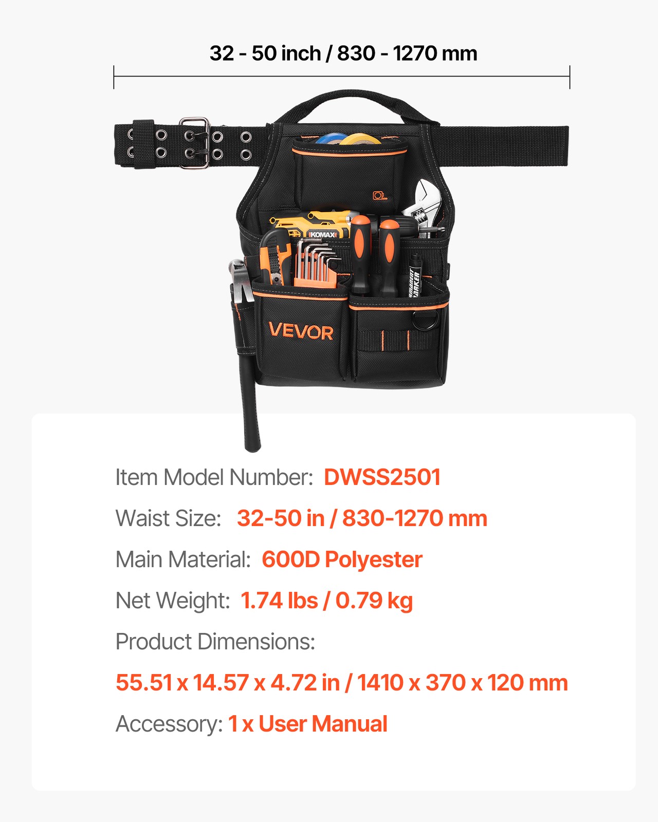 VEVOR Tool Pouch with Belt Electricians Work Belt 14 Pocket Tool Pouch Organizer