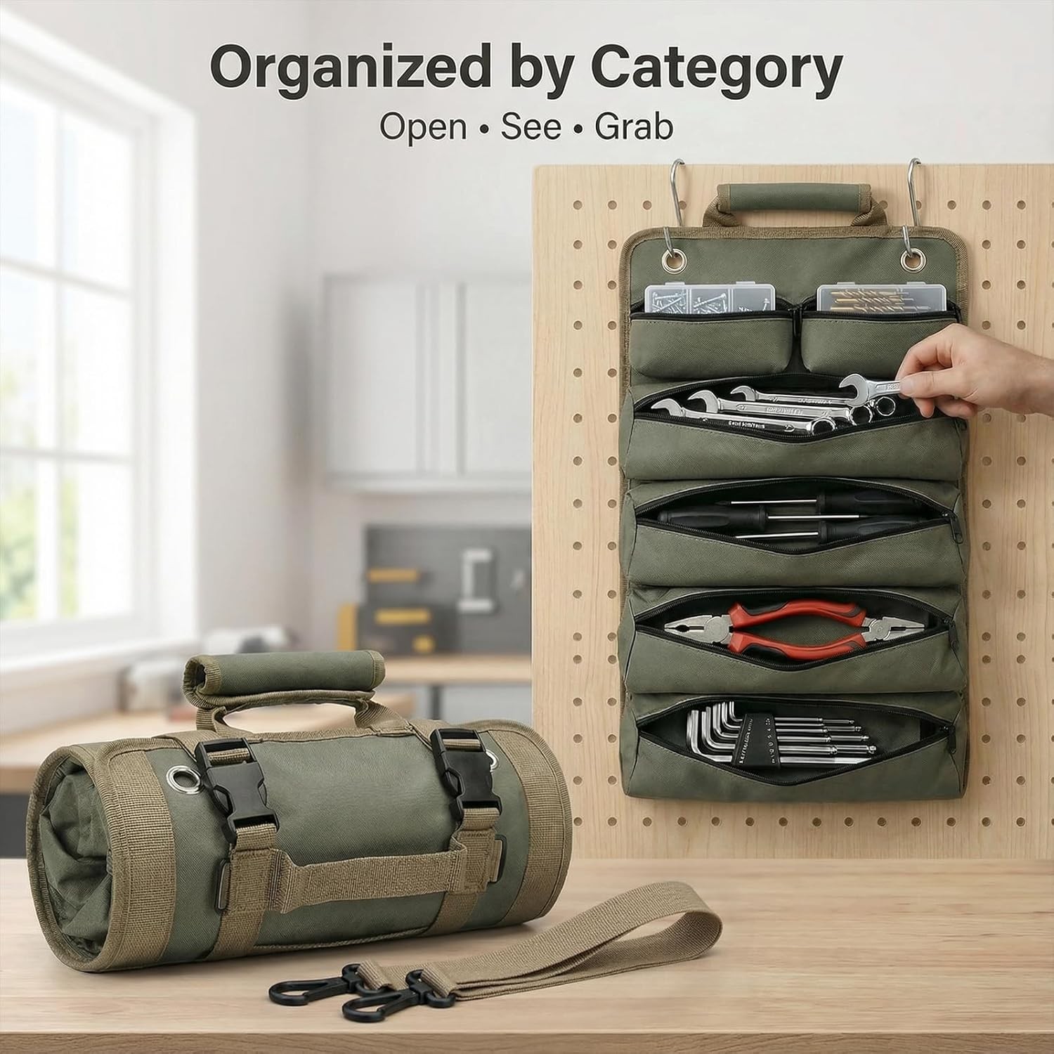 Tool Bag for Hand Tools: 6 Zipper Pockets Keep Tools Sorted – Hang-Open Access o