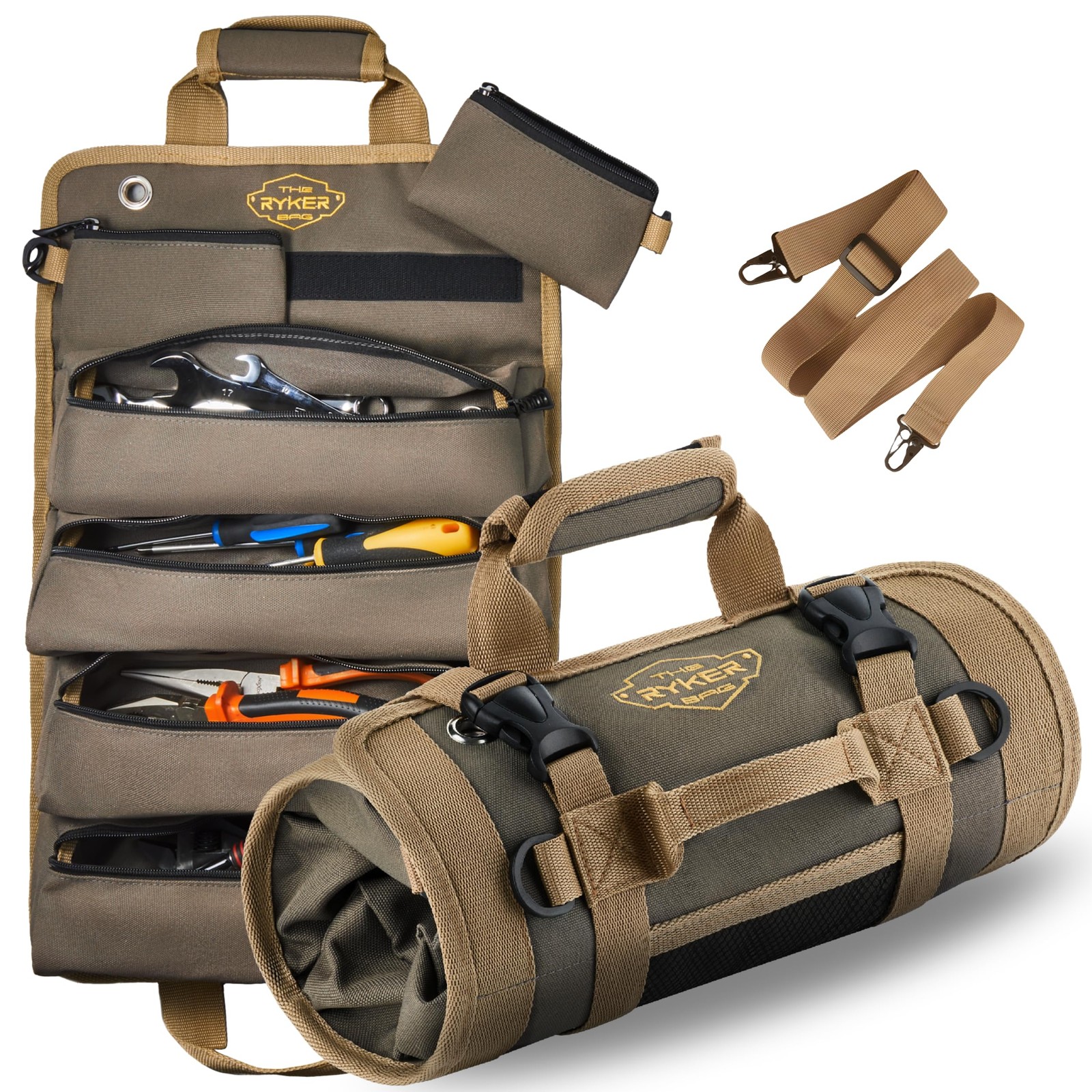 The Ryker Roll Up Tool Bag Organizer Gifts for Dad. Original Roll, Khaki
