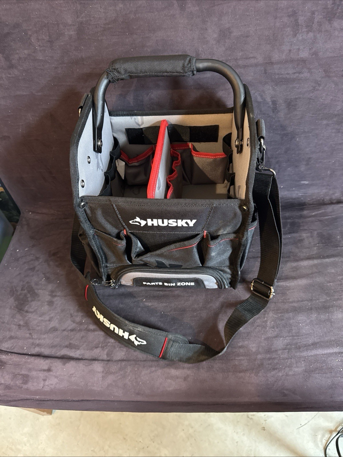 Husky Tool Tote Bag 10in Heavy Duty Tool Organizer Parts Bin Shoulder Strap