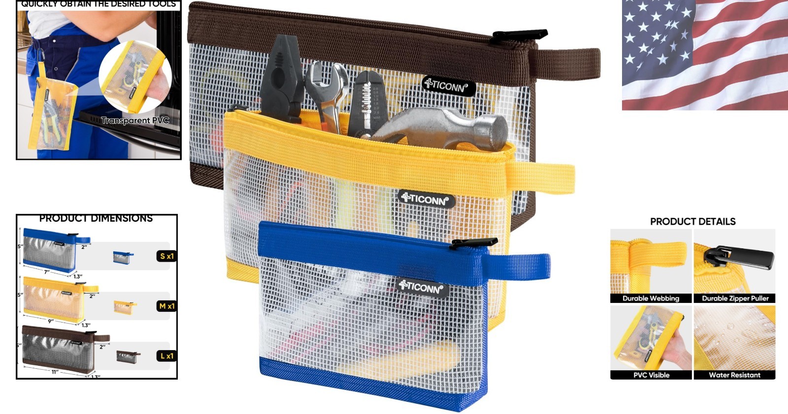 3-Pack Tool Pouch Set – Durable 1680D Oxford Utility Bags with Clear Zipper
