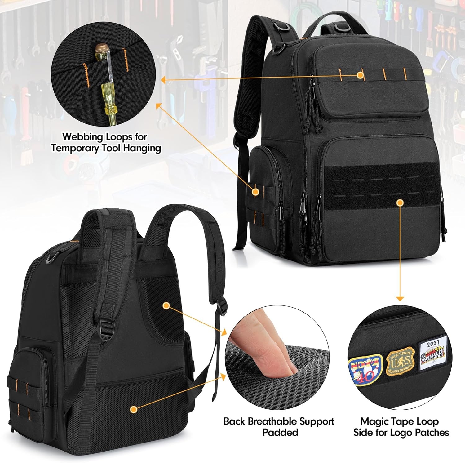 Tool Bag Backpack with 3 Tool Zipper Pouch, Tool Organizer Bag for Men with Padd
