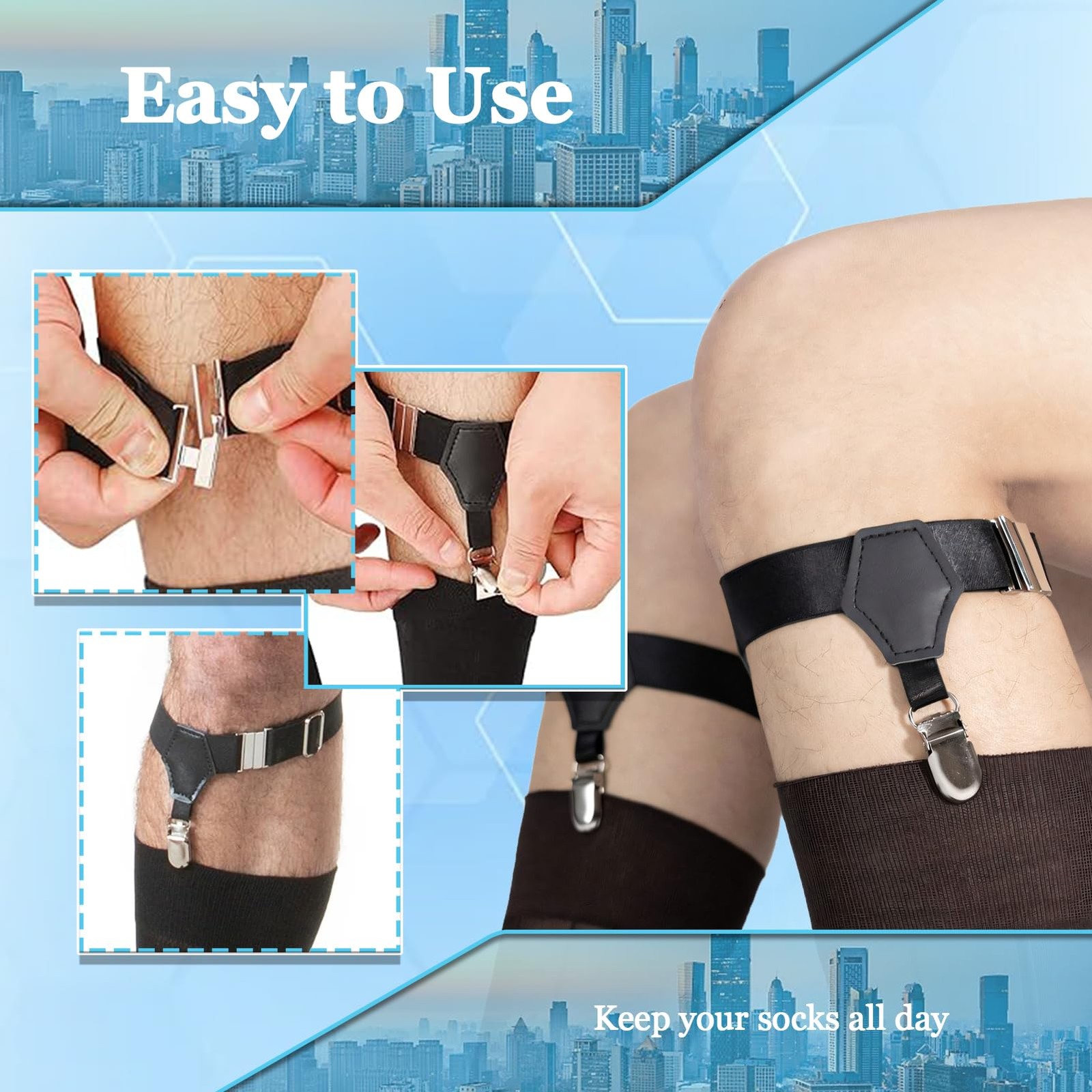 STAY GENT 2 Pairs Men’s Suspenders, 4 Pcs Sock Garters One Size, Coal Black