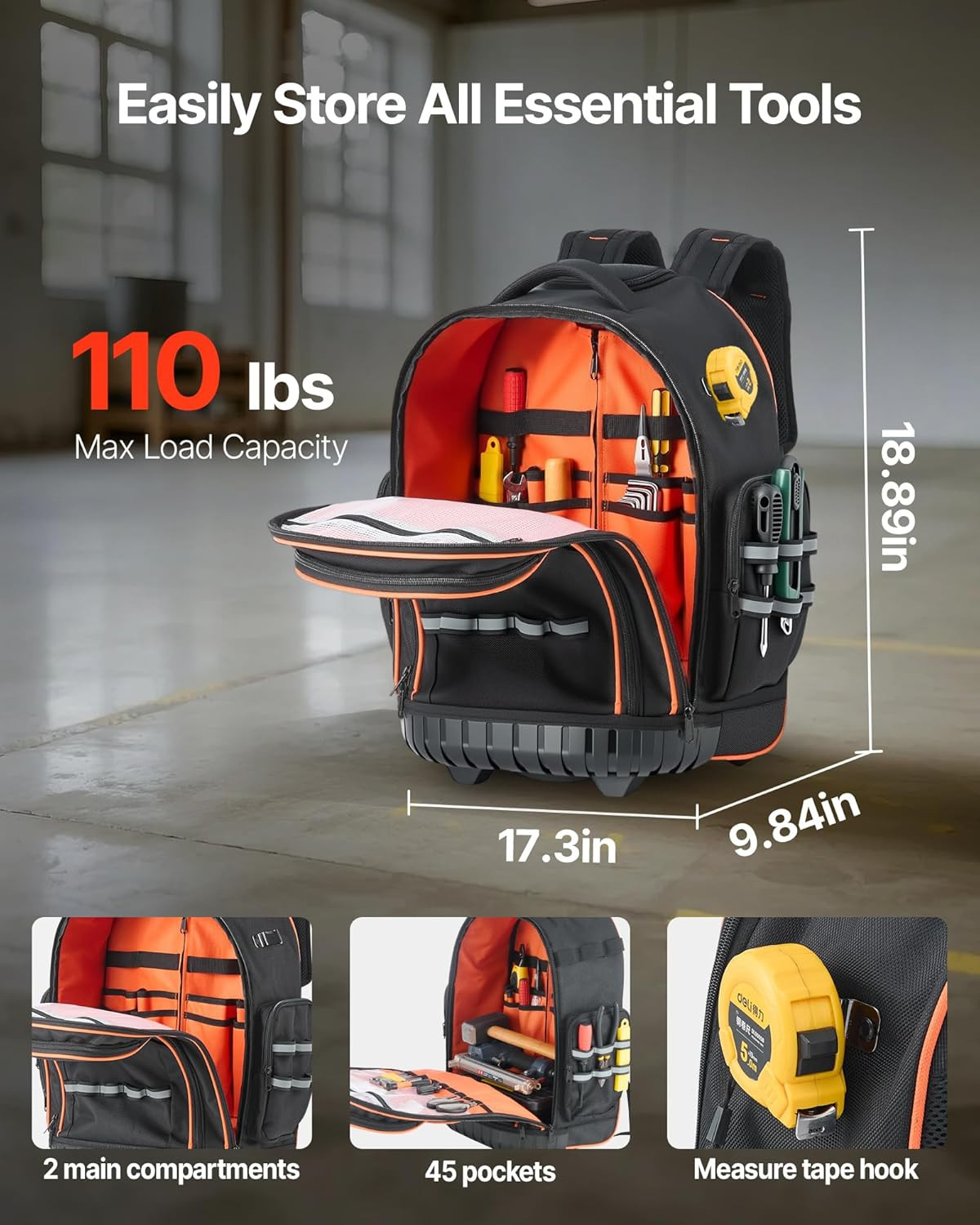Rolling Tool Backpack, 110 Lbs Load Capacity, 45 Pockets Heavy Duty Roller Tool