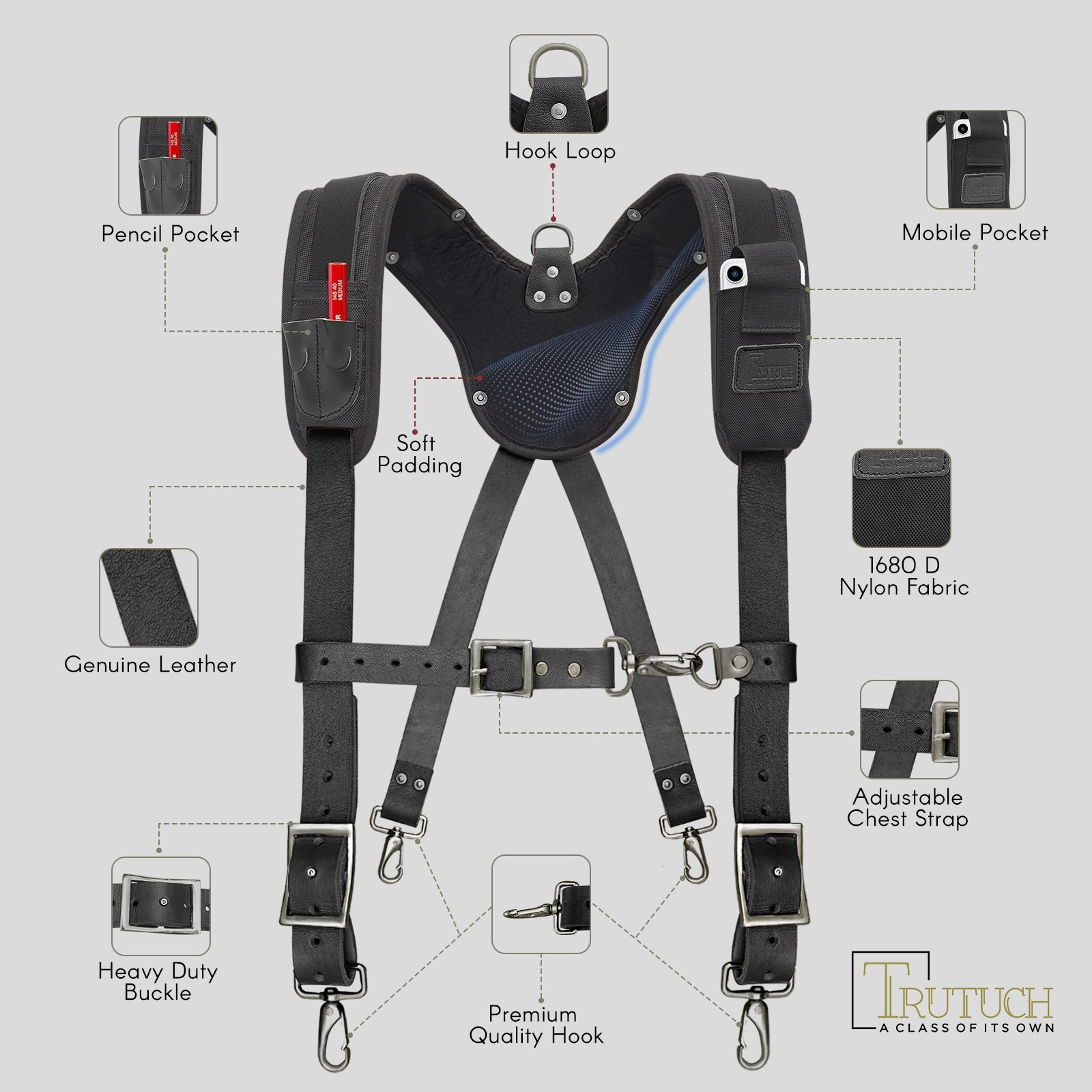 TRUTUCH Nylon and Leather Tool Belt with Leather Work Suspender | Handyman