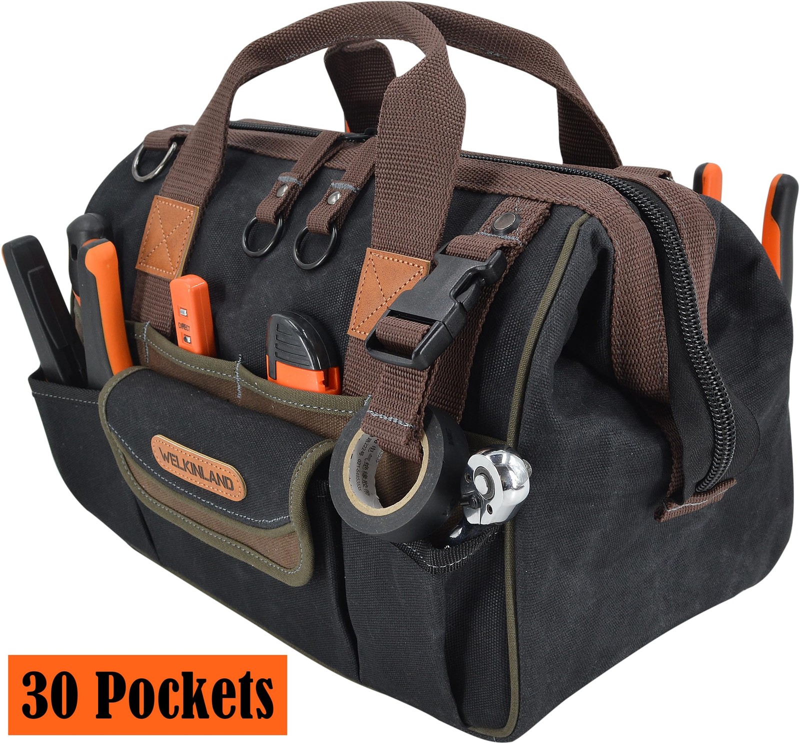 WELKINLAND 30-Pockets Canvas tool bag, 14-Inch Heavy Duty tool bag, Waxed Canvas
