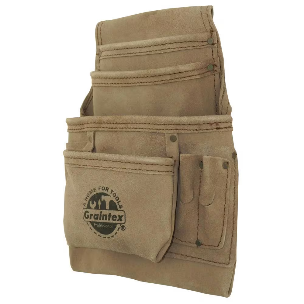 10-Pocket Beige Leather Suede Nail & Tool Pouch