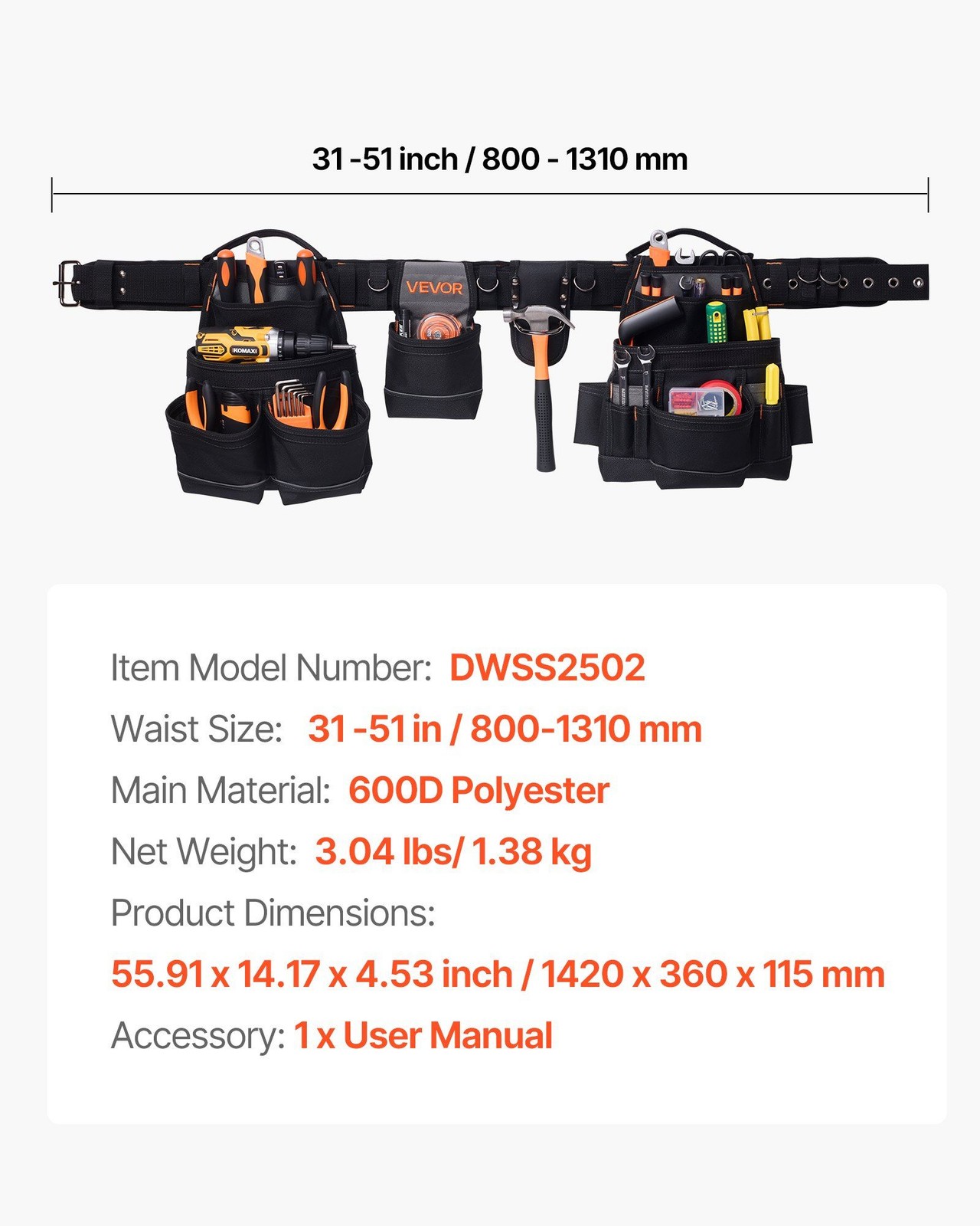 Efficient 18-Pocket Builder Belt with Anti-Slip 600D Outer Layer