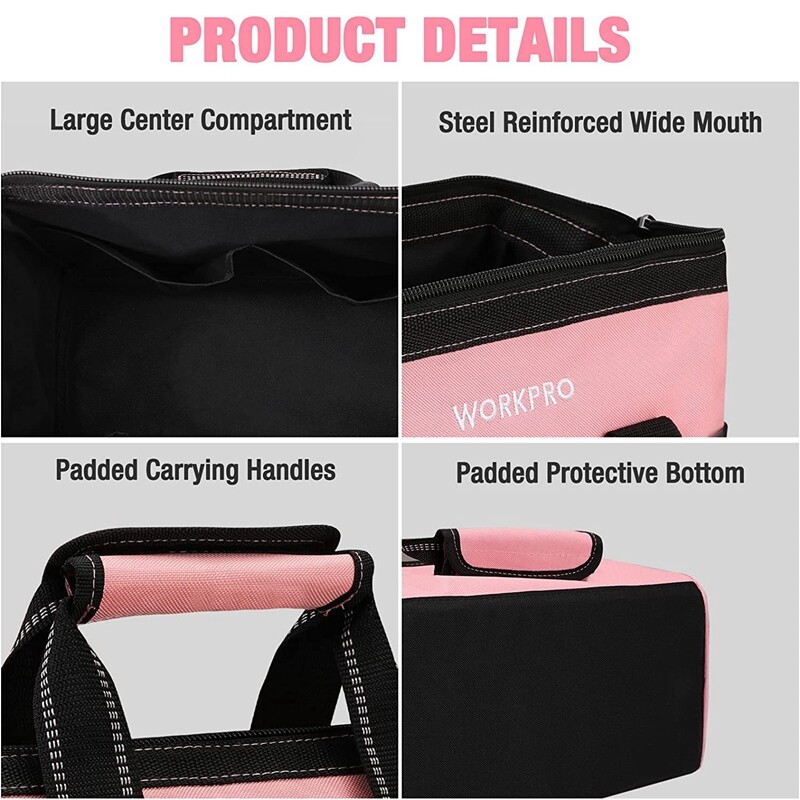 WORKPRO 13″ Tool Bag Pink Soft Cloth Tool Storage Bags Wide Mouth Tool Tote Bag