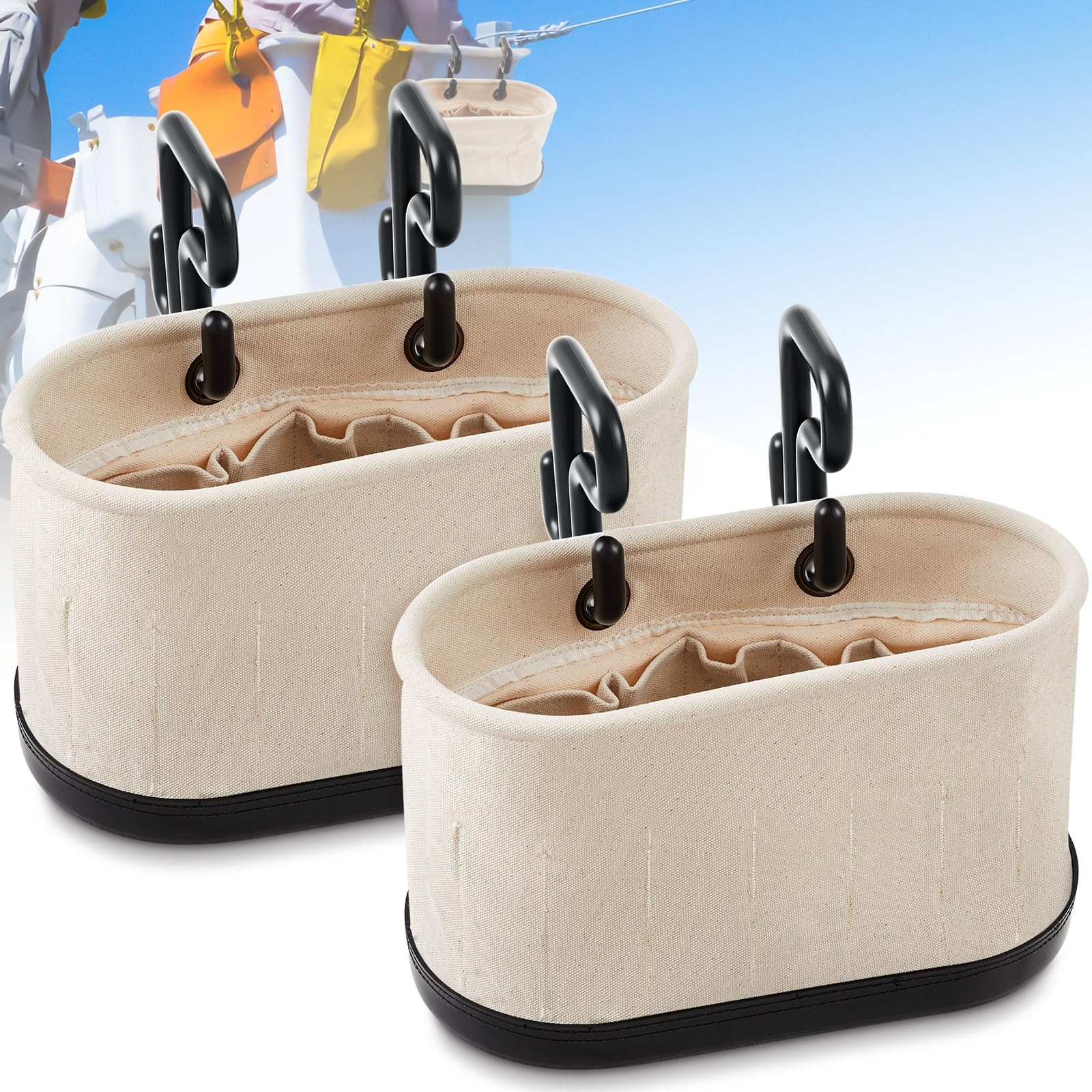 Stylish 2 Set Canvas Bucket Bag with Hooks & 15 Tool Pockets – White