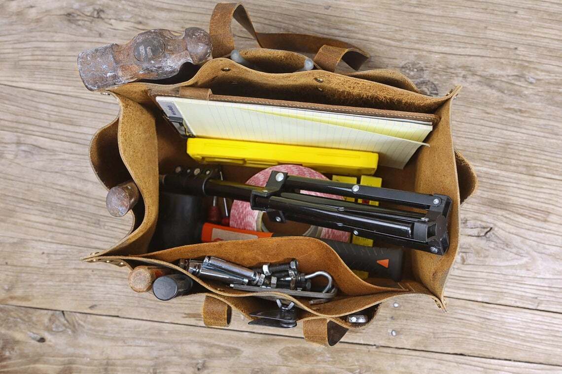 Rustic full grain leather tool bag box vintage leather tool tote bag for men