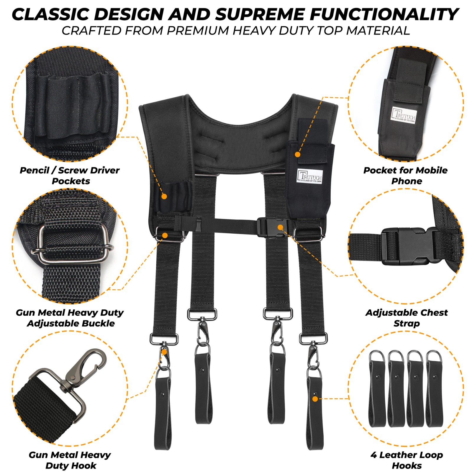 TRUTUCH Black Nylon & Leather Tool Belt with Nylon Work Suspender | Tool Belts