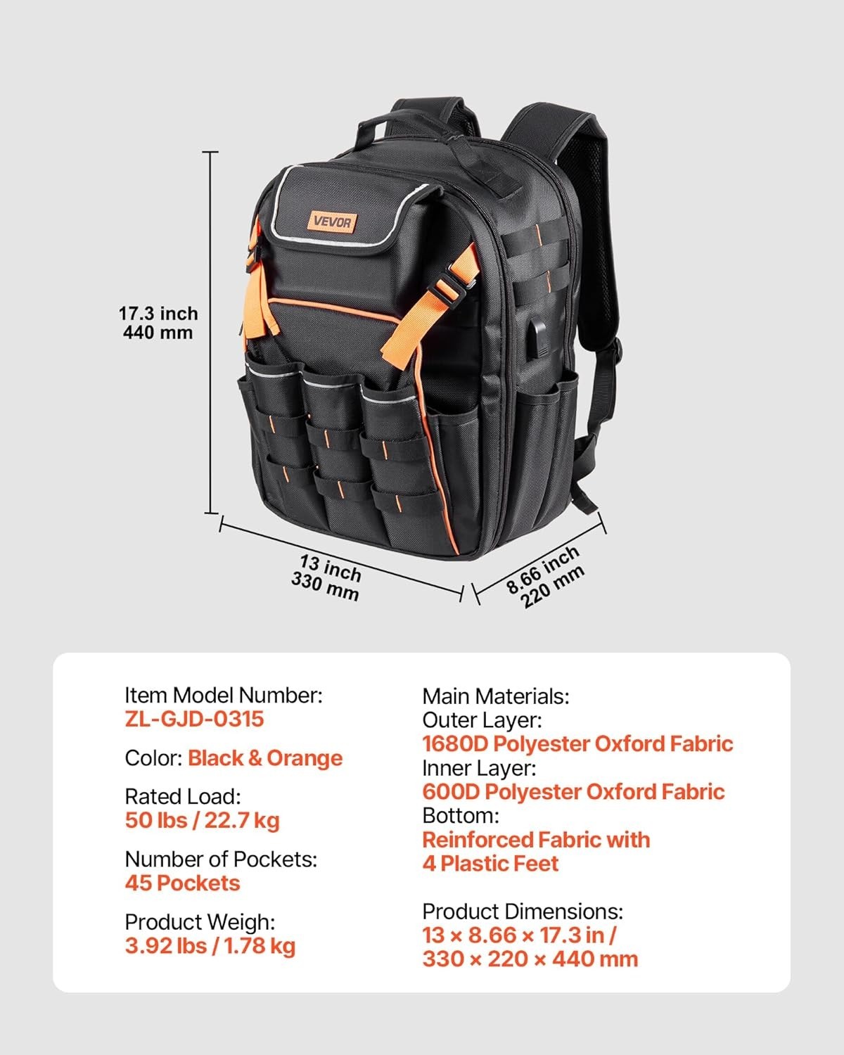 Ergonomic Jobsite Tool Backpack: 45 Pockets, Reflective Strips & Reinforced Base