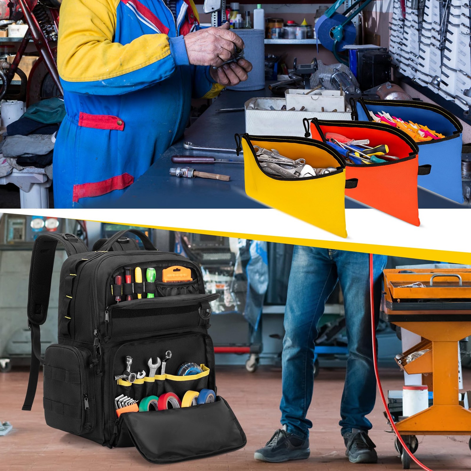 Rexmica Tool Bag Backpack for Men with 3 Tool Pouches, Heavy-Duty Tool Storag…