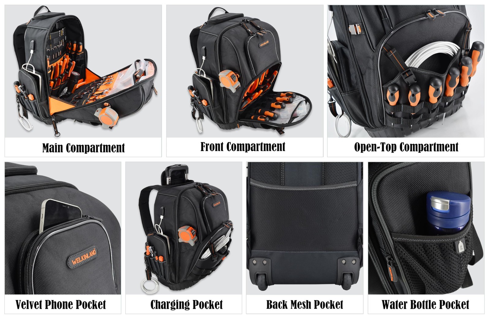 WELKINLAND 72Pockets Rolling Tool backpack, Large tool Large, Black w/ Orange