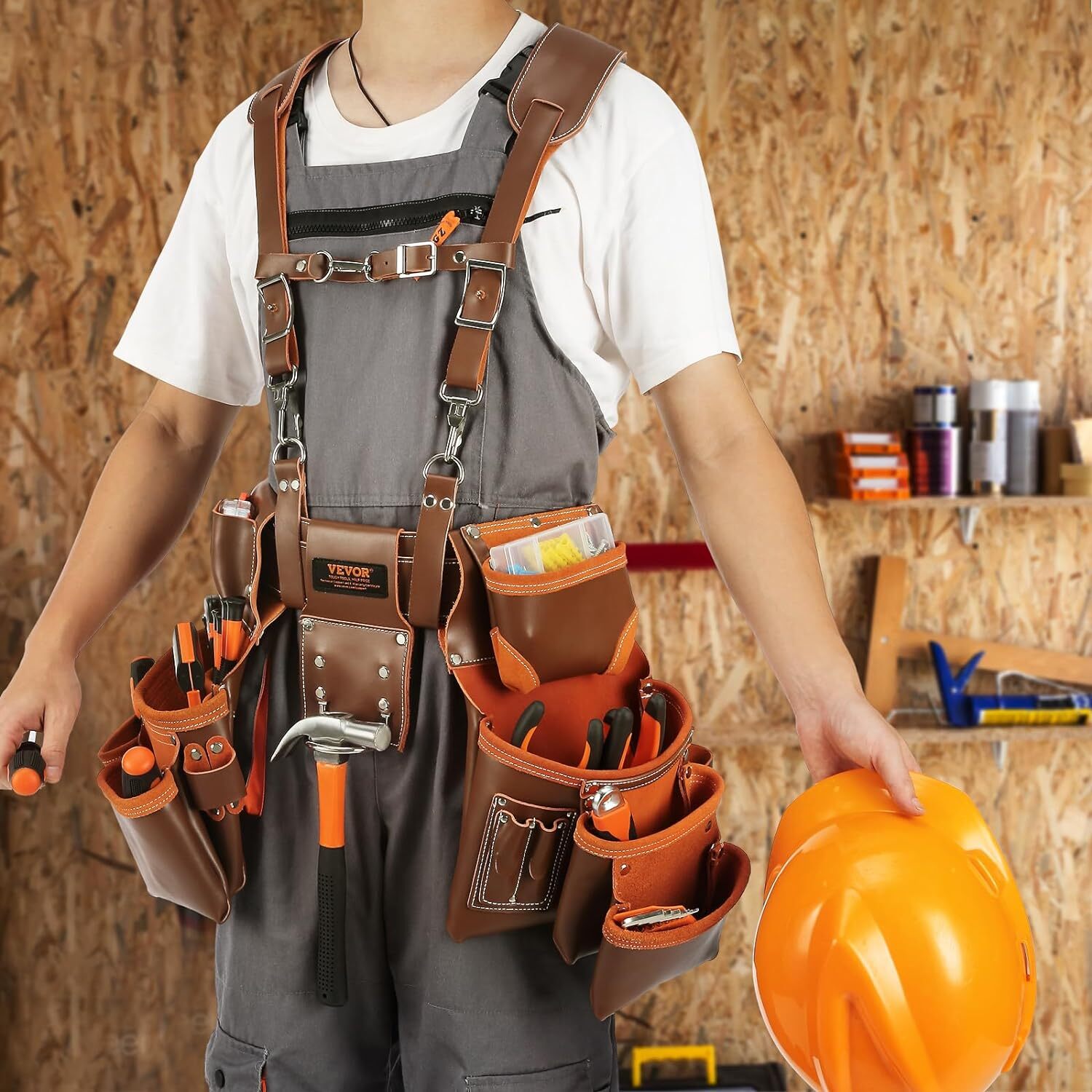 VEVOR Genuine Leather Professional Tool Belt Suspenders, 29-54” Adjustable, 19 P