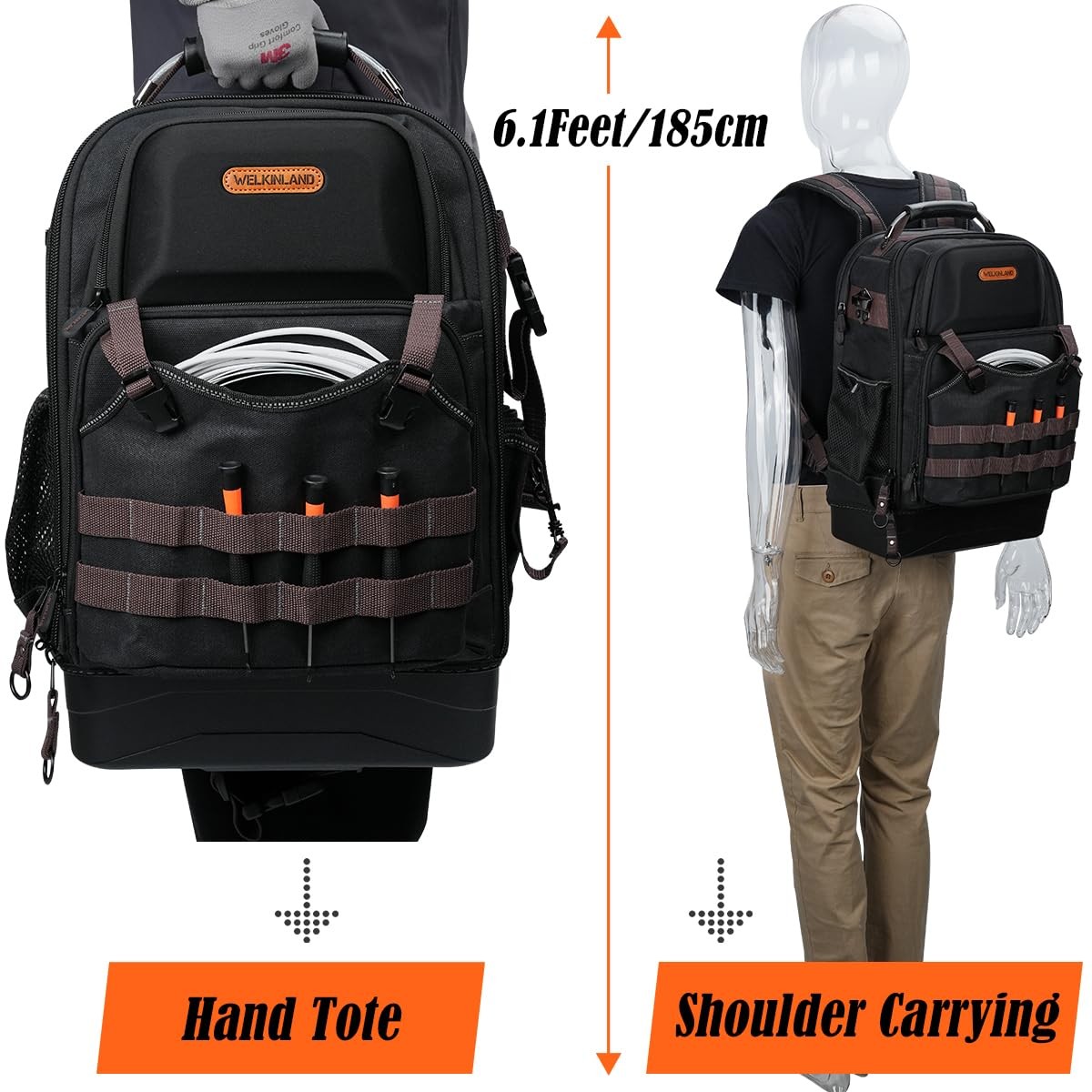 WELKINLAND 76Pockets Tool Backpack, Hard-Bottom Electrician Brown & Black