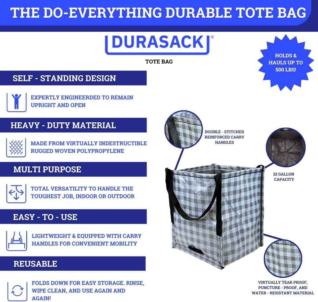 DURASACK Heavy Duty Storage Tote Bag 22-Gallon Rugged Pack of 4, Gingham Gray