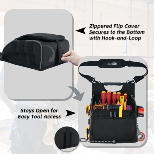 Electrician Tool Pouch with Shoulder Strap, Zippered Flip Cover Tool Grey