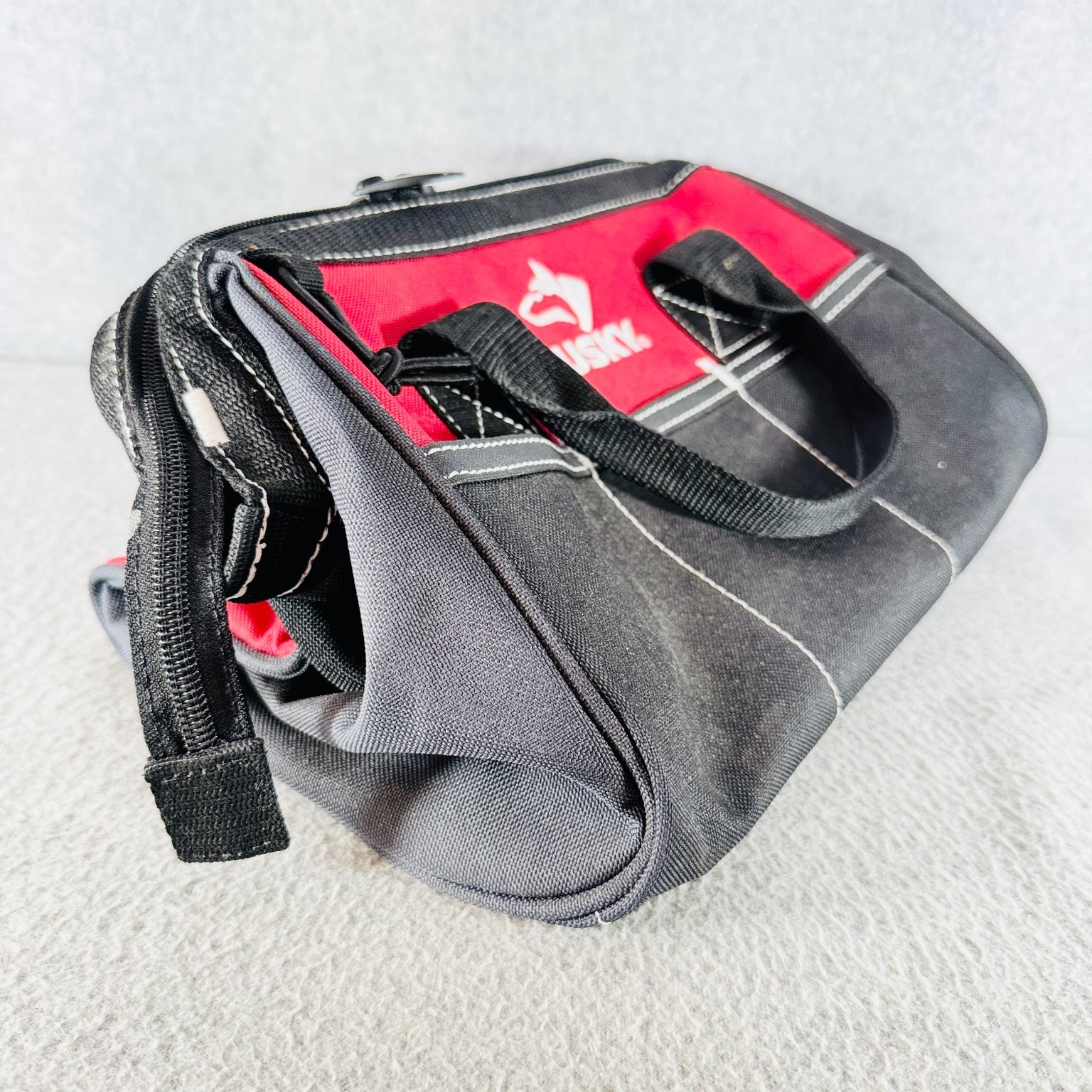 Husky Tool Bag w Handles Red Black Zippered Organizer 004N11 12 in Wide