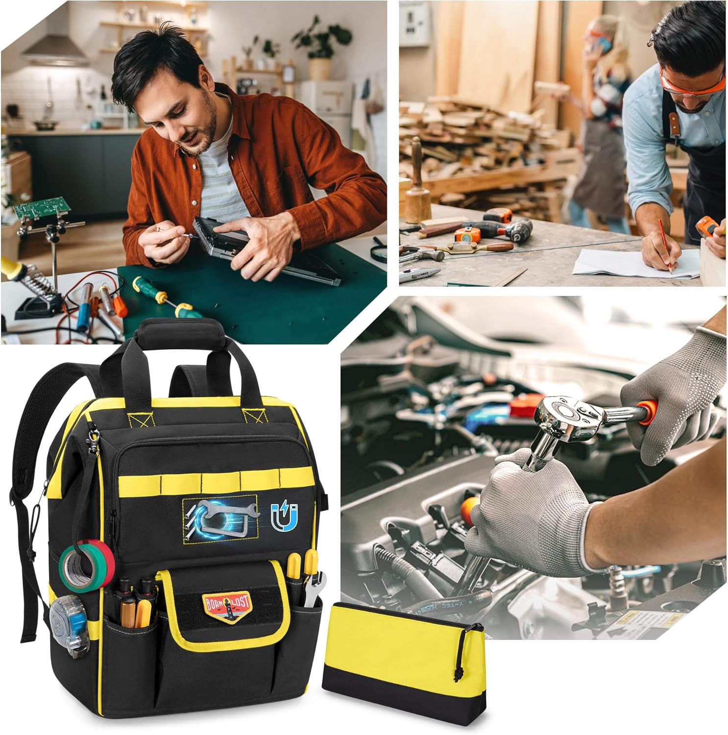 Durable Tool Bag Backpack with Magnetic Pouch for Electricians & Techs