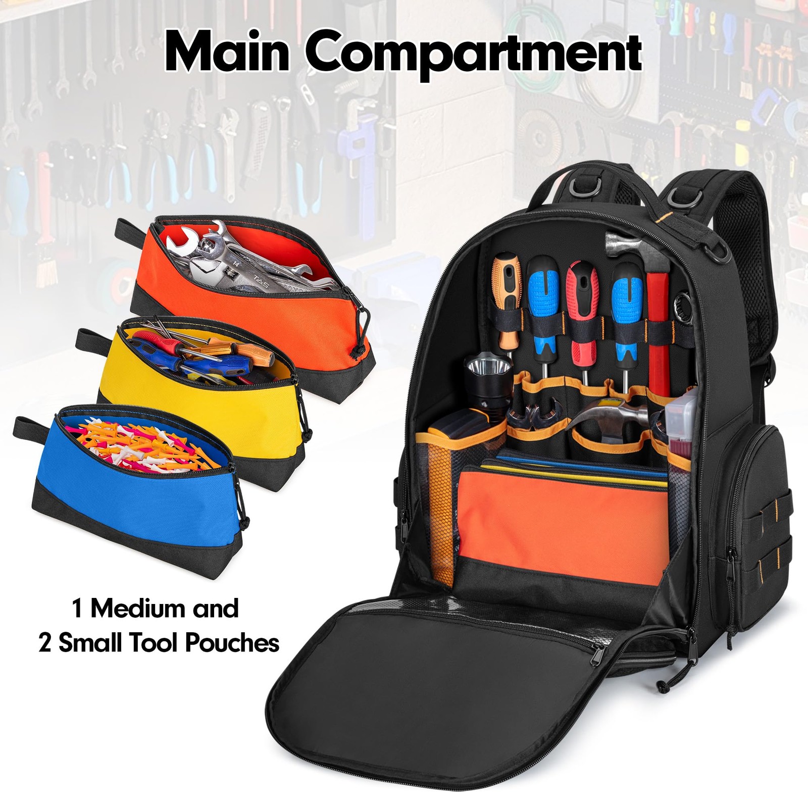 Rexmica Tool Bag Backpack with 3 Zipper Pouch, Medium to Large, Black