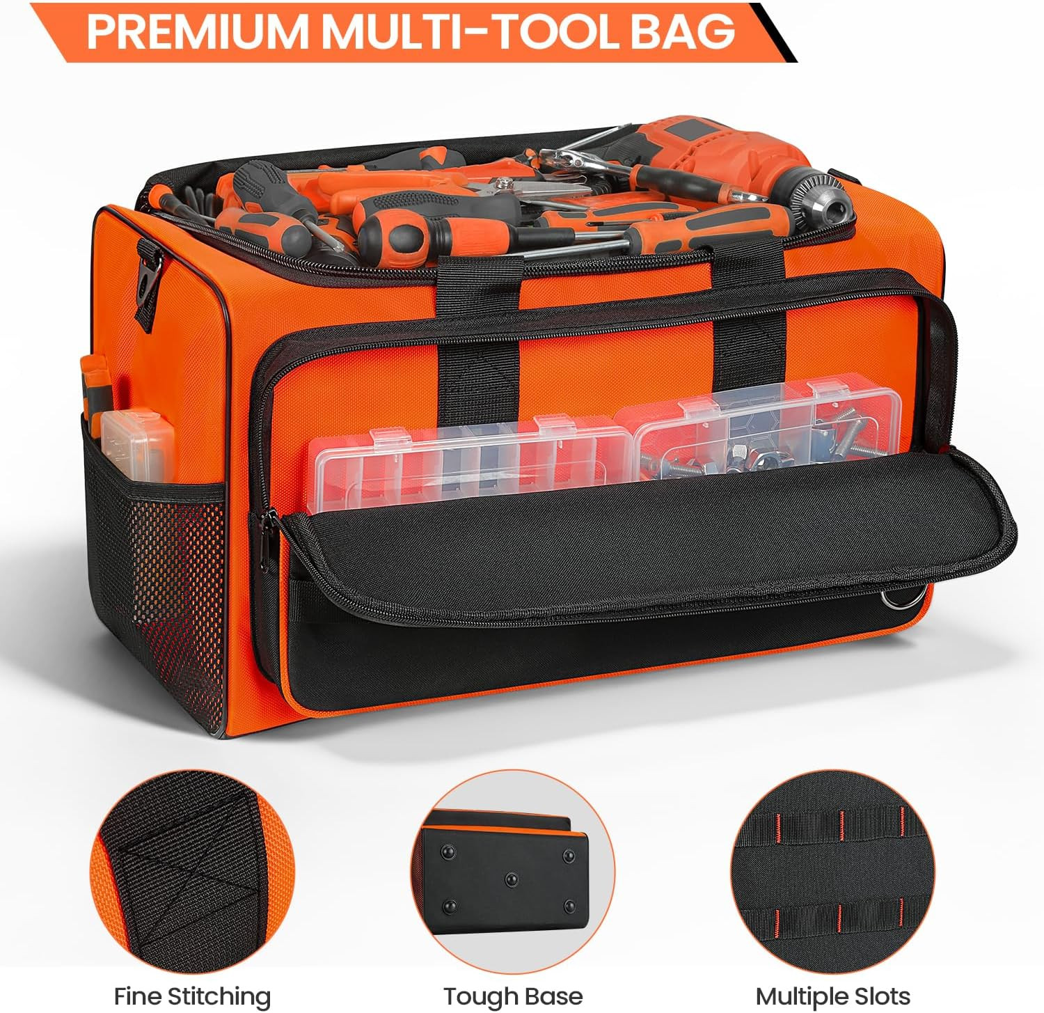 Durable Heavy Duty Tool Bag, 2 Pockets, 19.7″x11.8″x10.6″, Black & Orange