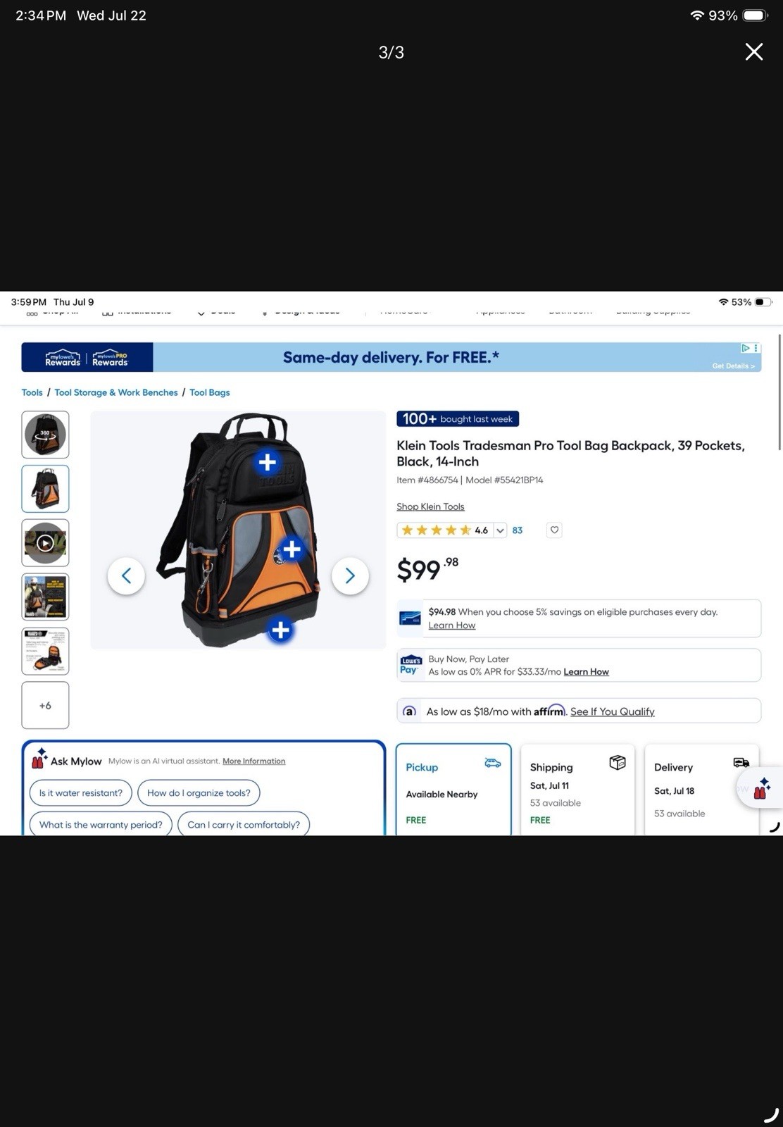 Klein Tools Tradesman Pro 14in Tool Backpack Black/Orange 55421BP-14