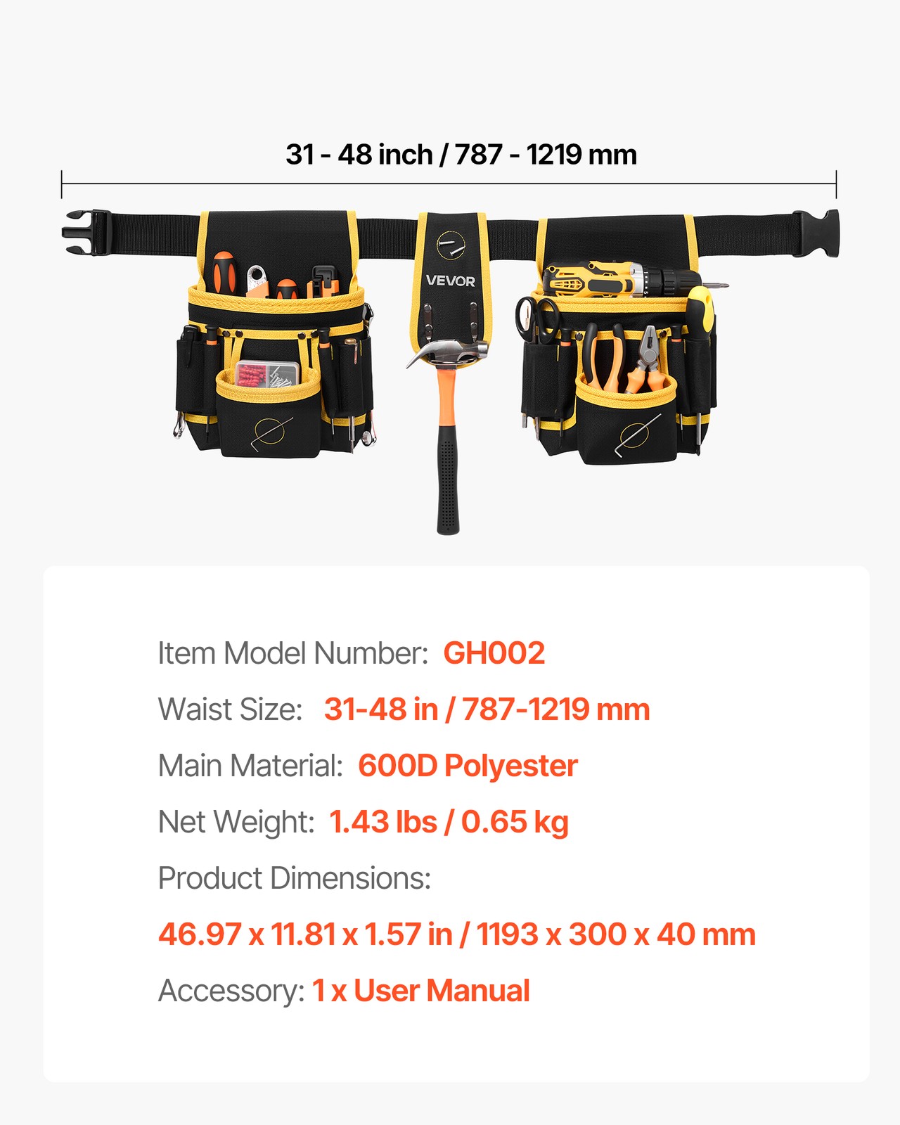 VEVOR Tool Belt Magnetic Electricians Work Belt 28 Pocket Heavy Duty Tool Pouch