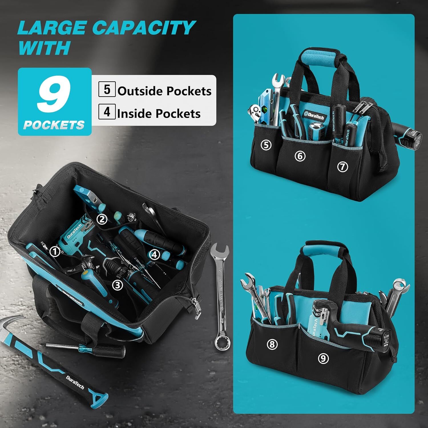 13Inch Small Tool Bag with 9Pockets Wide Open Mouth Polyester w/Thickened Fabric