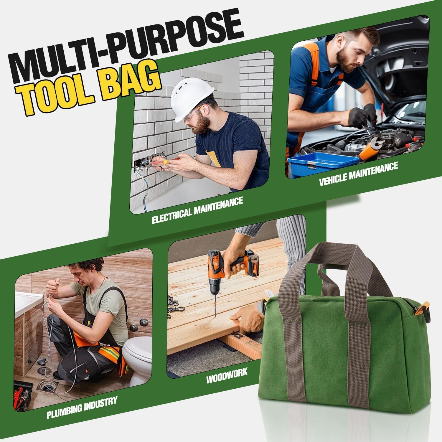 12″ Canvas Tool Bag Small Multipurpose Zipper Tote Organizer for Electrician Gar