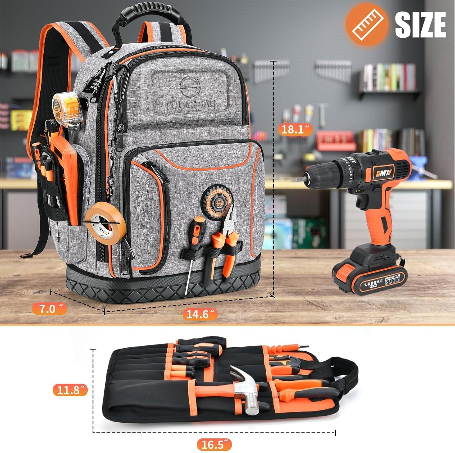 Heavy-Duty Electrician Tool Backpack with Waterproof Base & Lock – Gray