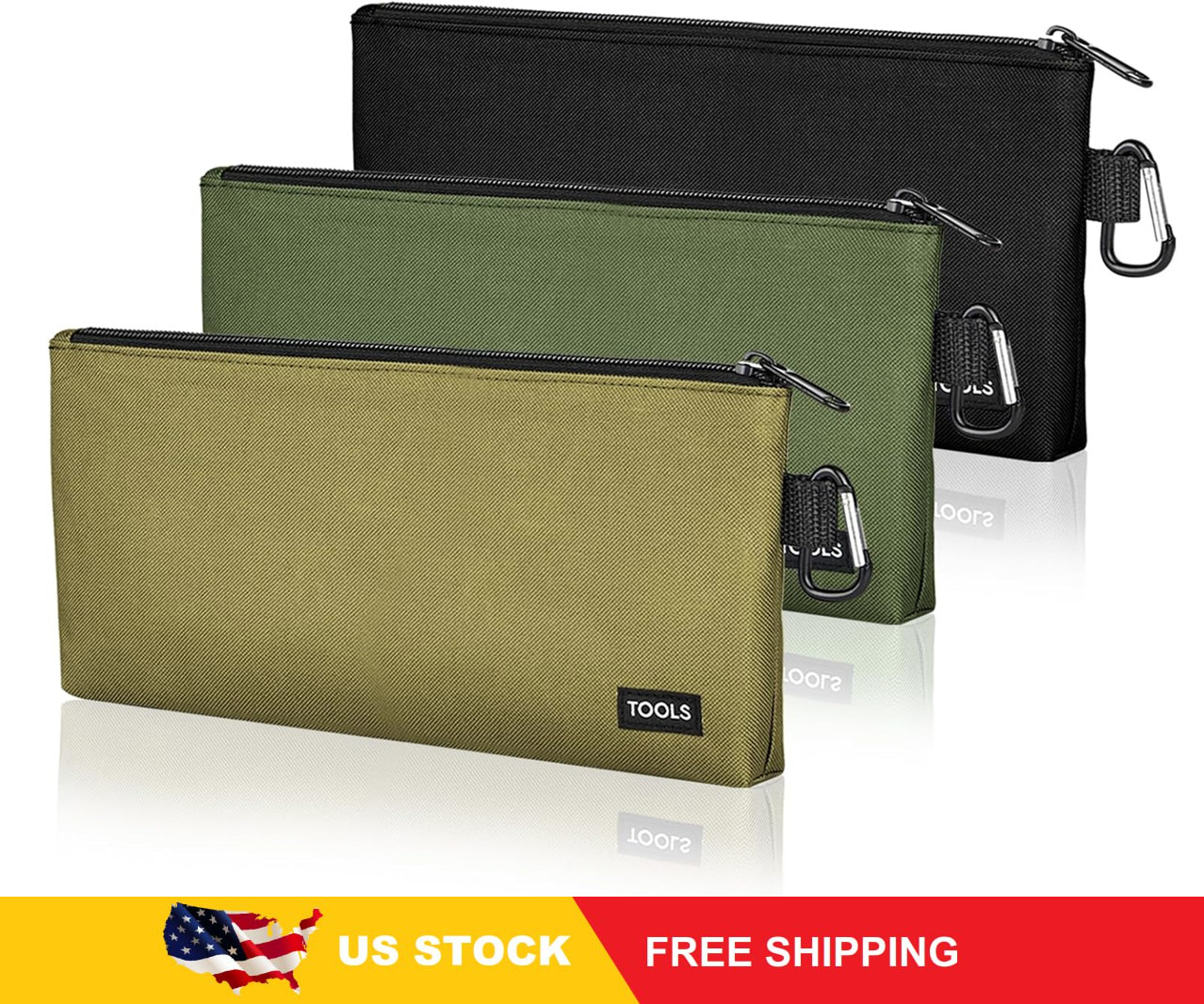 3 Pack Premium Tool Pouches Zipper Bag, Small Tools Bags with Carabiner, Heavy