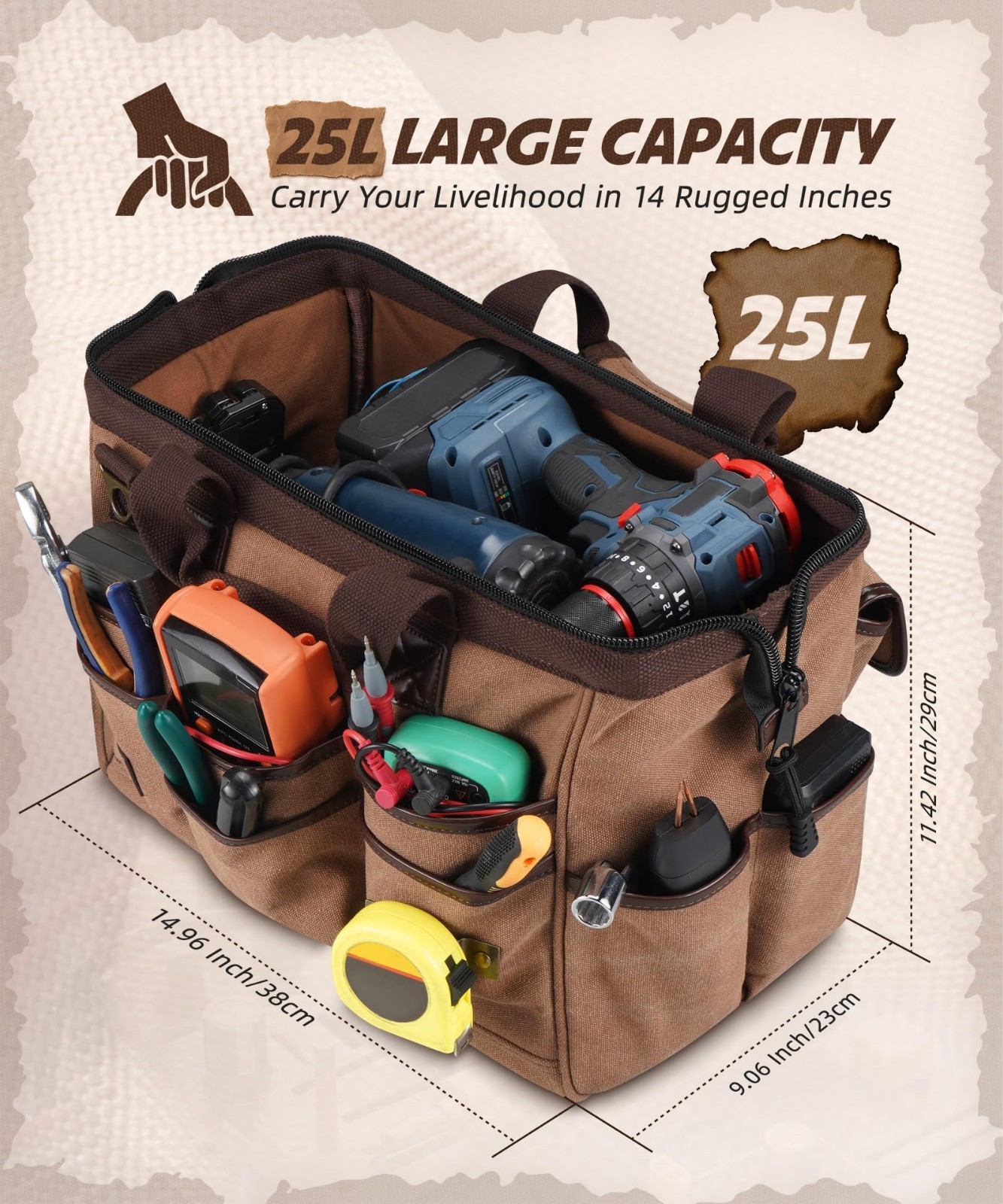 14″ Portable Electrician Tool Bag – 21 Pockets, Heavy Duty Canvas, Wide Mouth, A