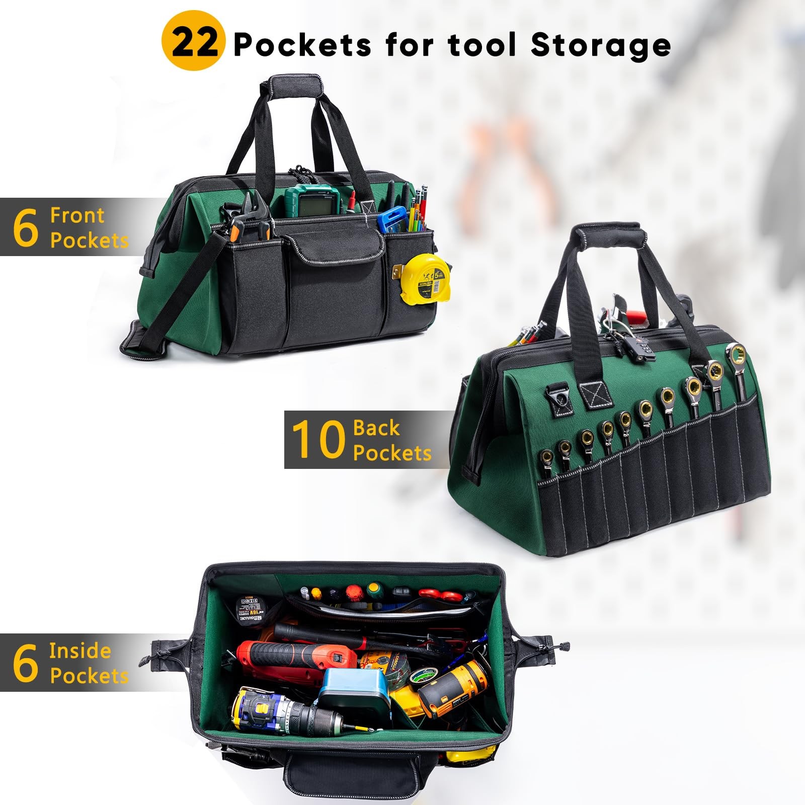 17 Inch Large Tool Bag Heavy Duty Toolbox Organizer 22 Pockets Wrench Tote